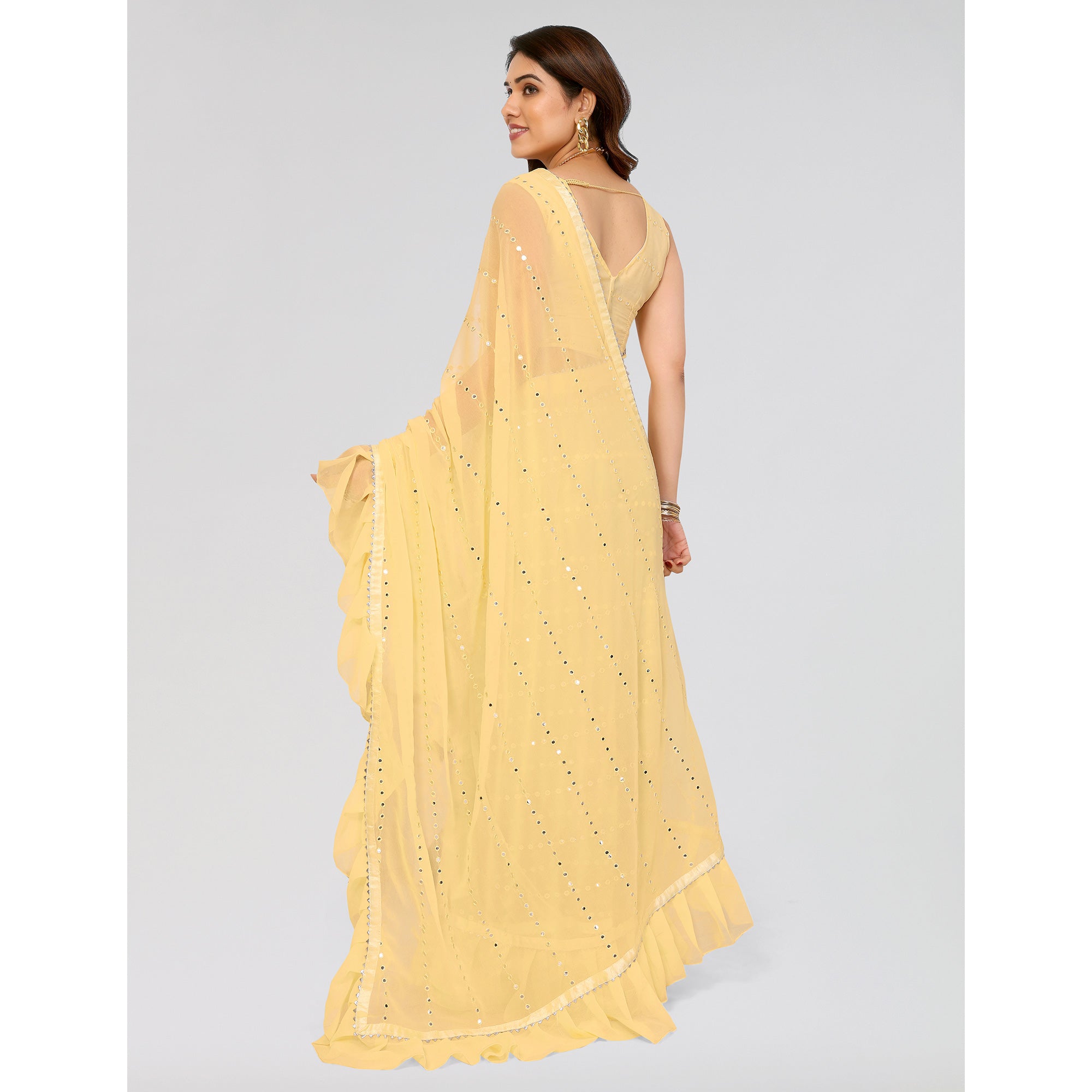 Yellow Embroidered Georgette Ruffle Saree