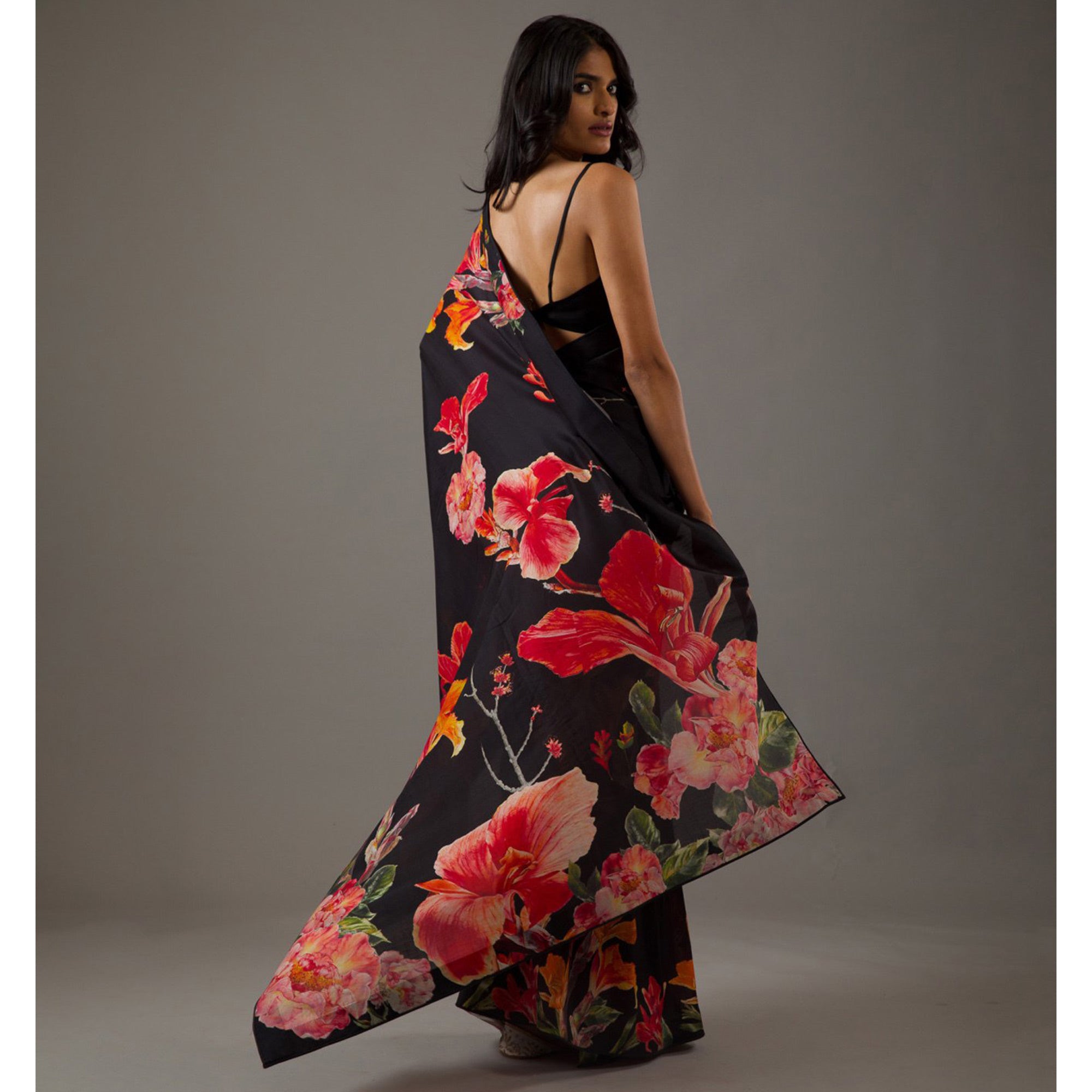 Black Floral Printed Chiffon Saree