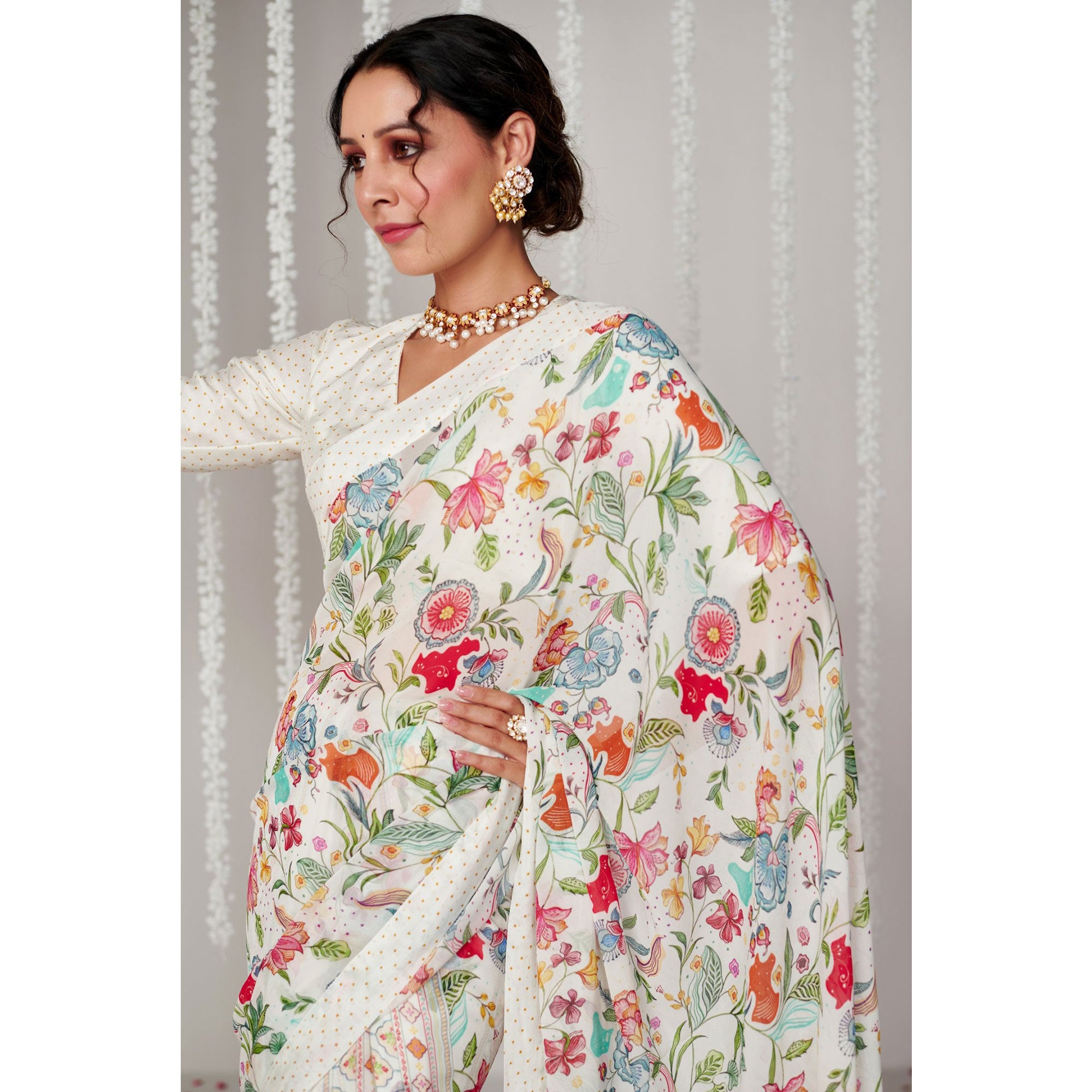 White Floral Printed Chiffon Saree