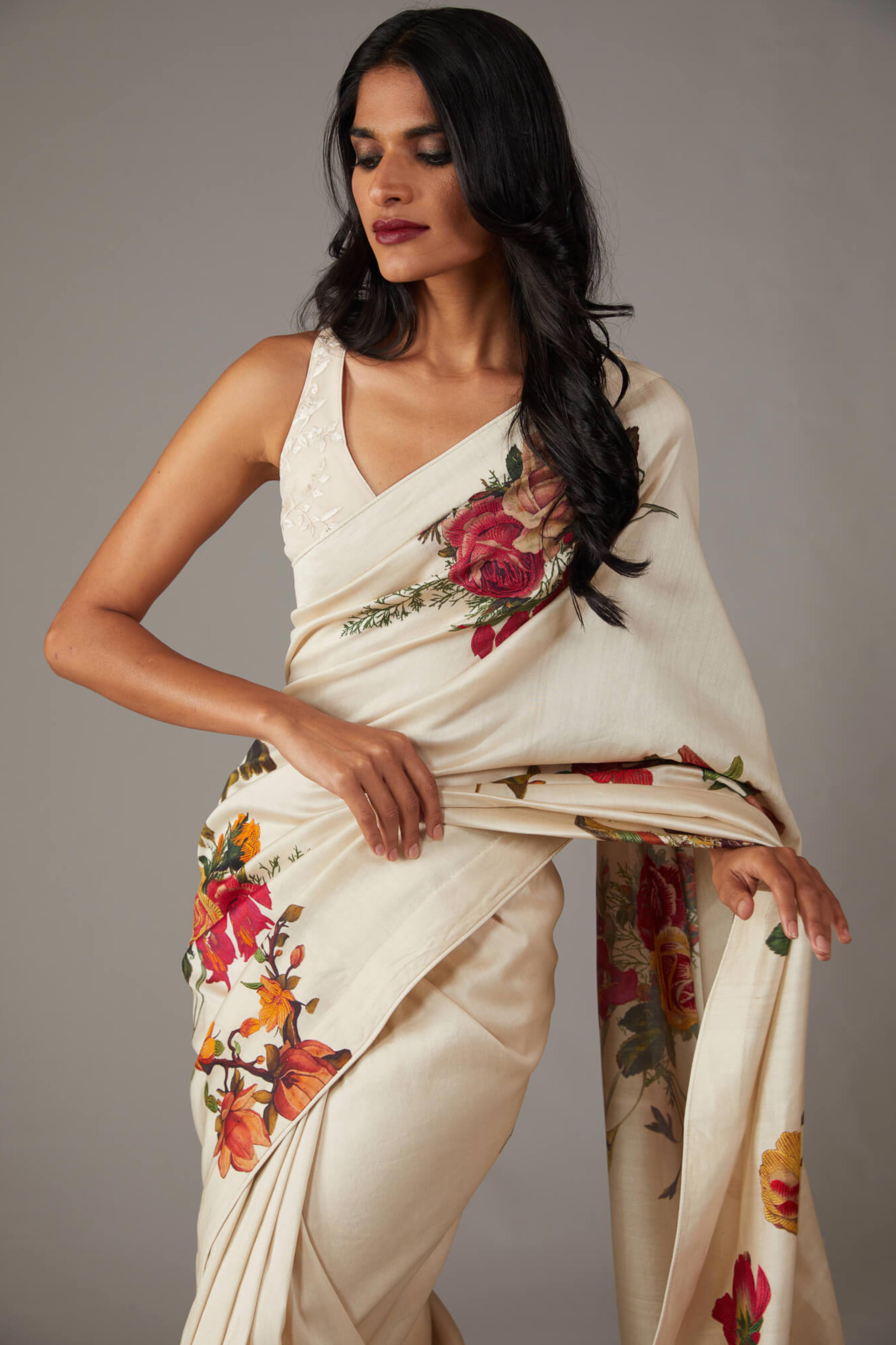 Off White Floral Printed Chiffon Saree