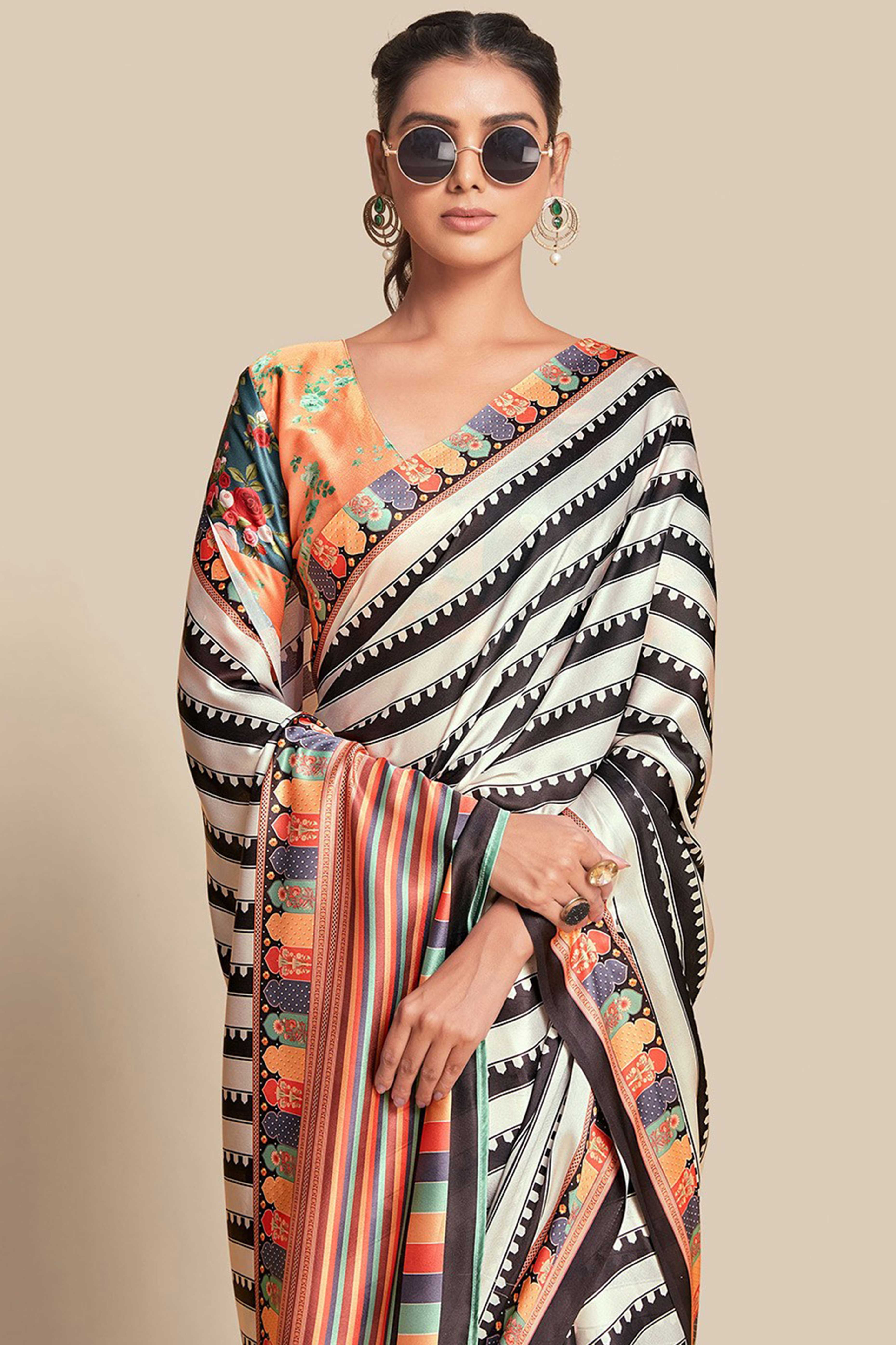 White Strips Printed Chiffon Saree