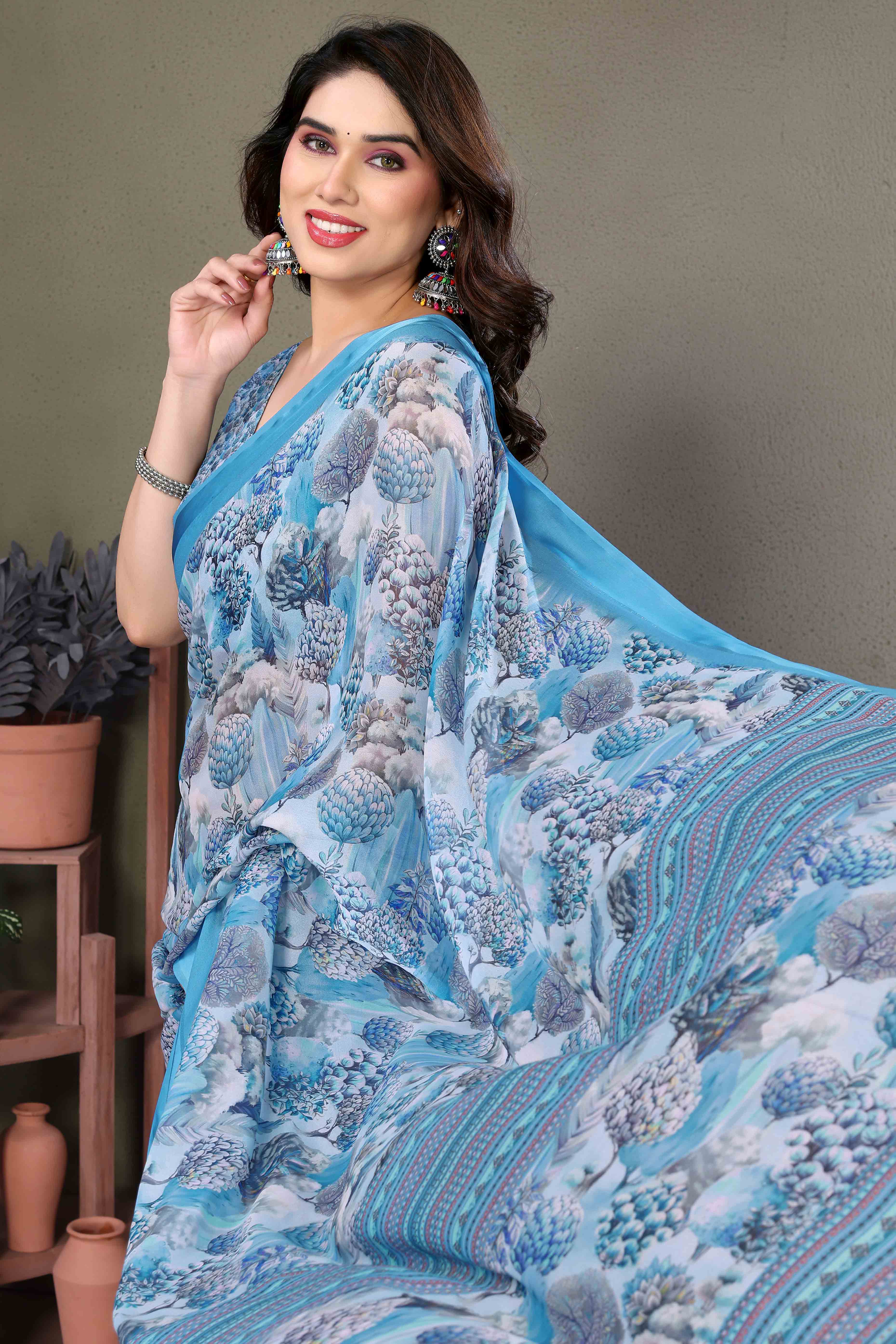 Blue Floral Printed Chiffon Saree