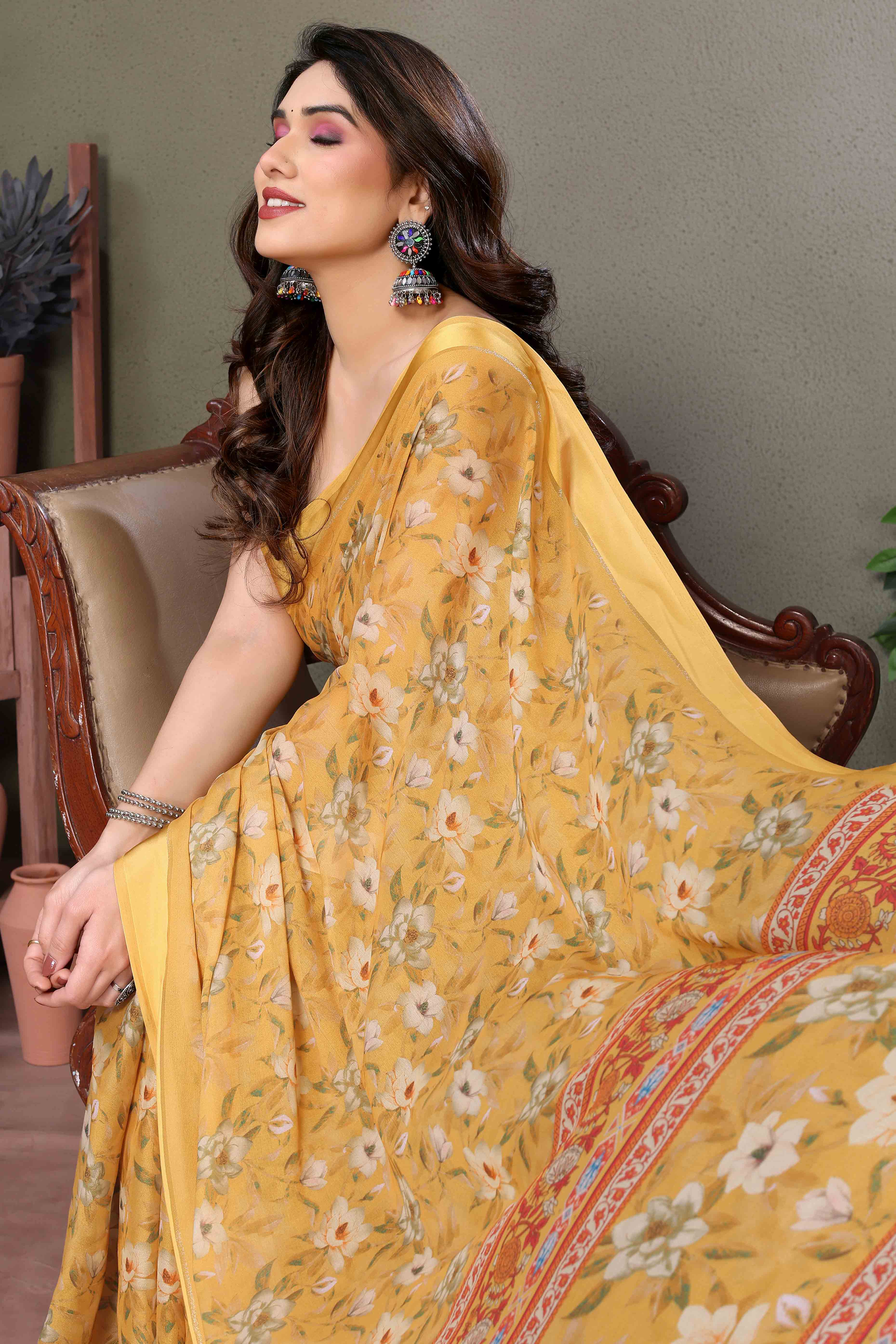 Mustard Floral Printed Chiffon Saree