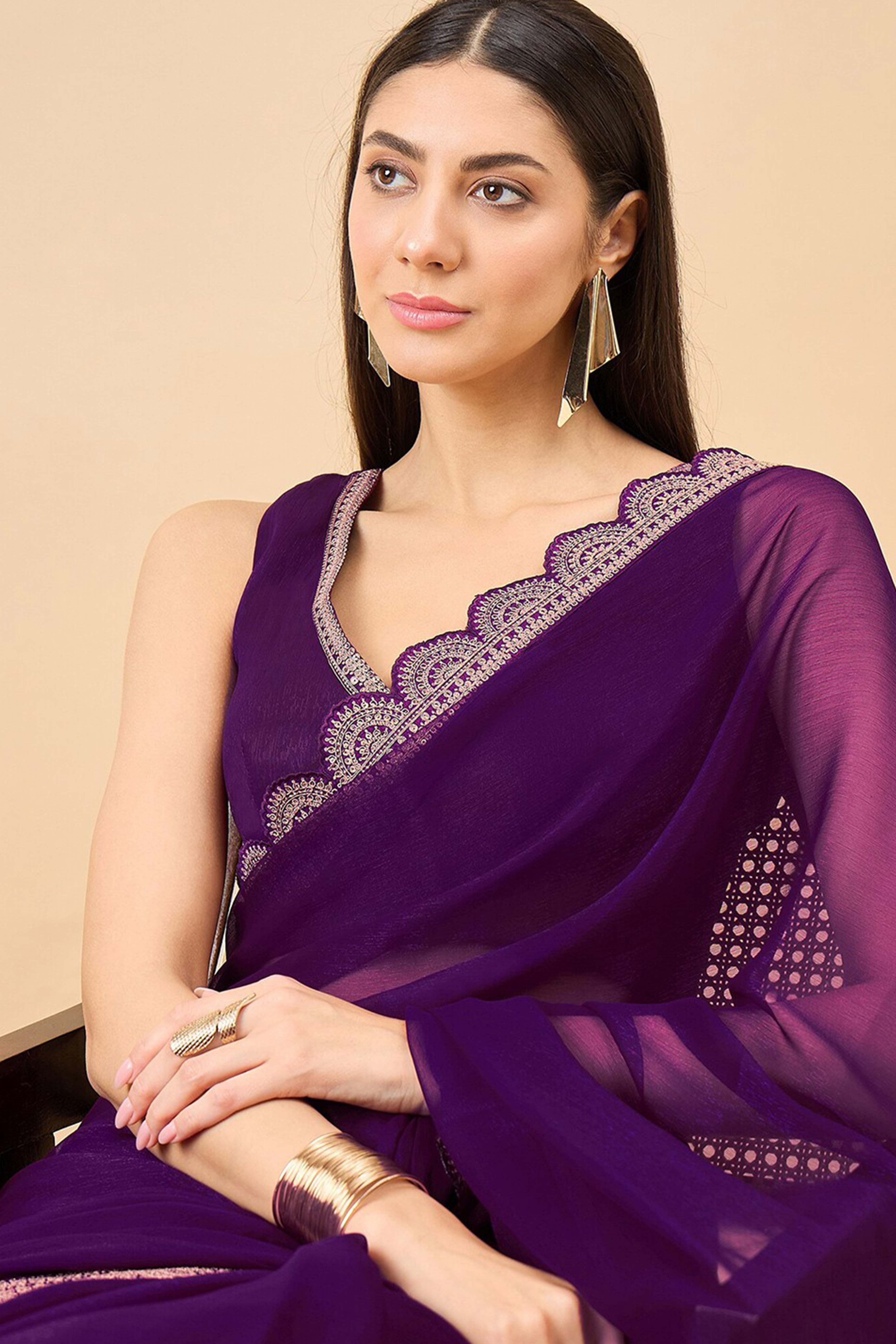 Purple Solid Chiffon Saree With Embellished Saree