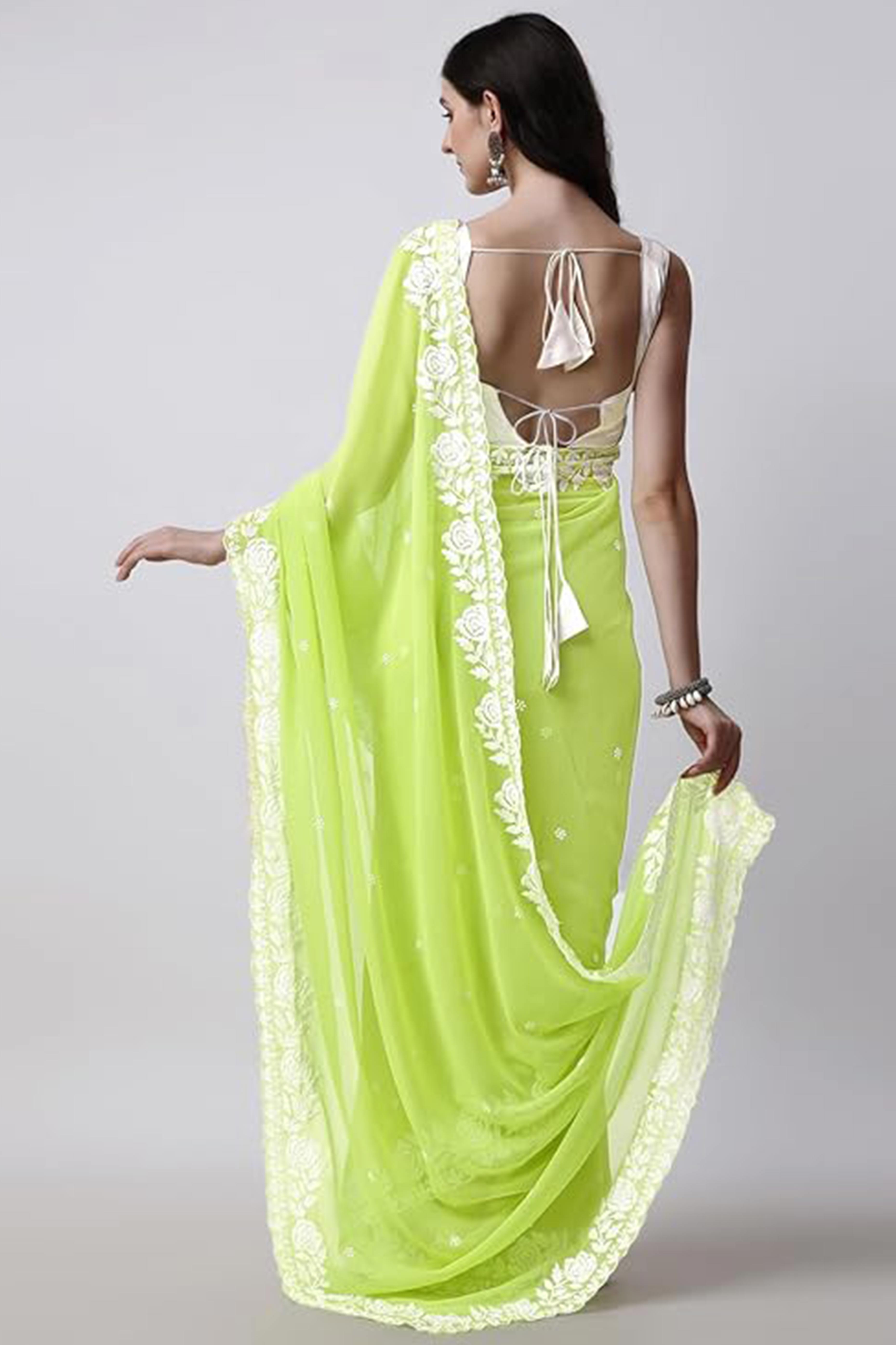 Lime Green Floral Embroidered Georgette Saree
