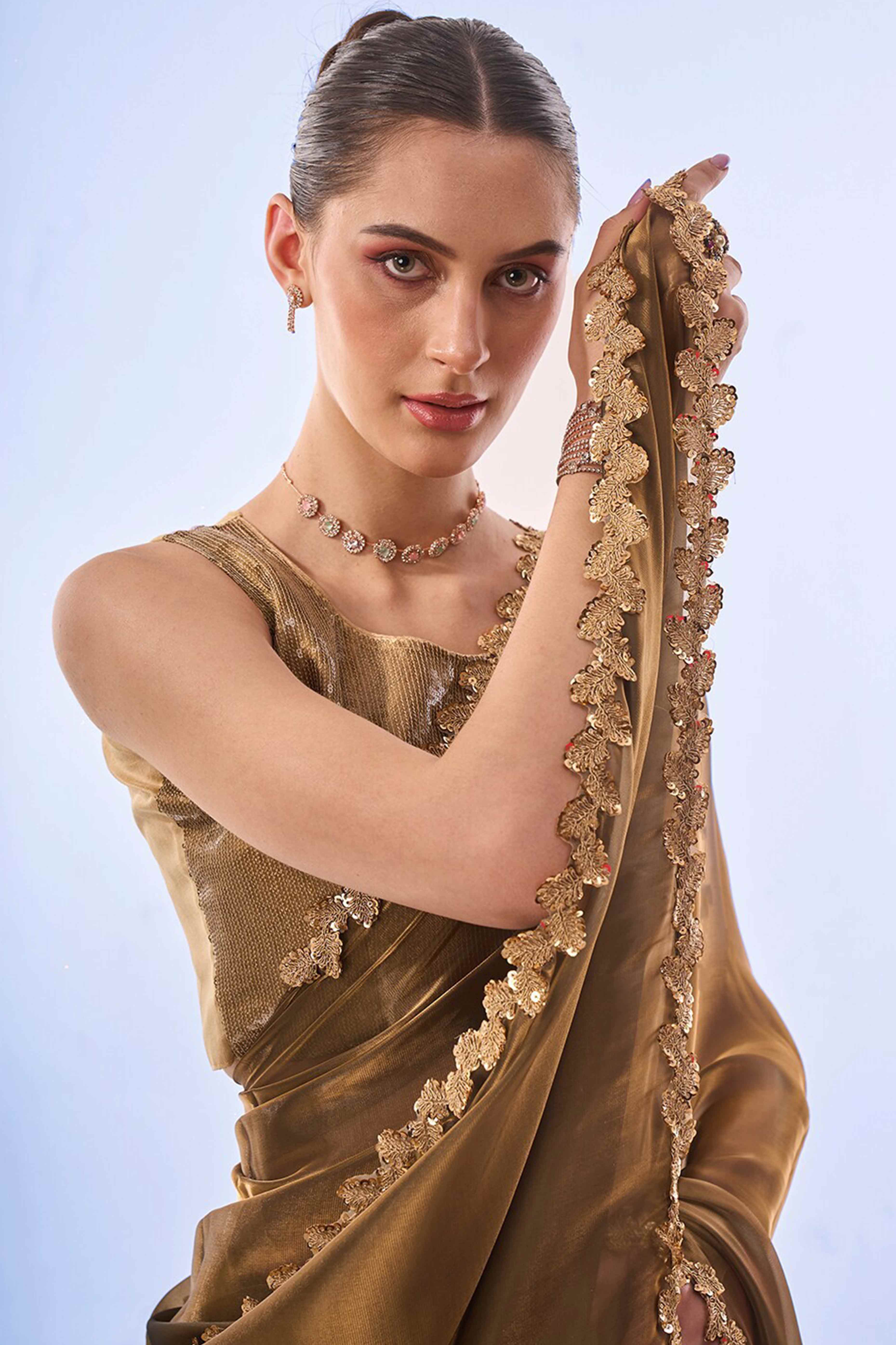 Golden Brown Solid Tissue Jimmy Choo Saree With Sequins Embroidered Cut Work Lace