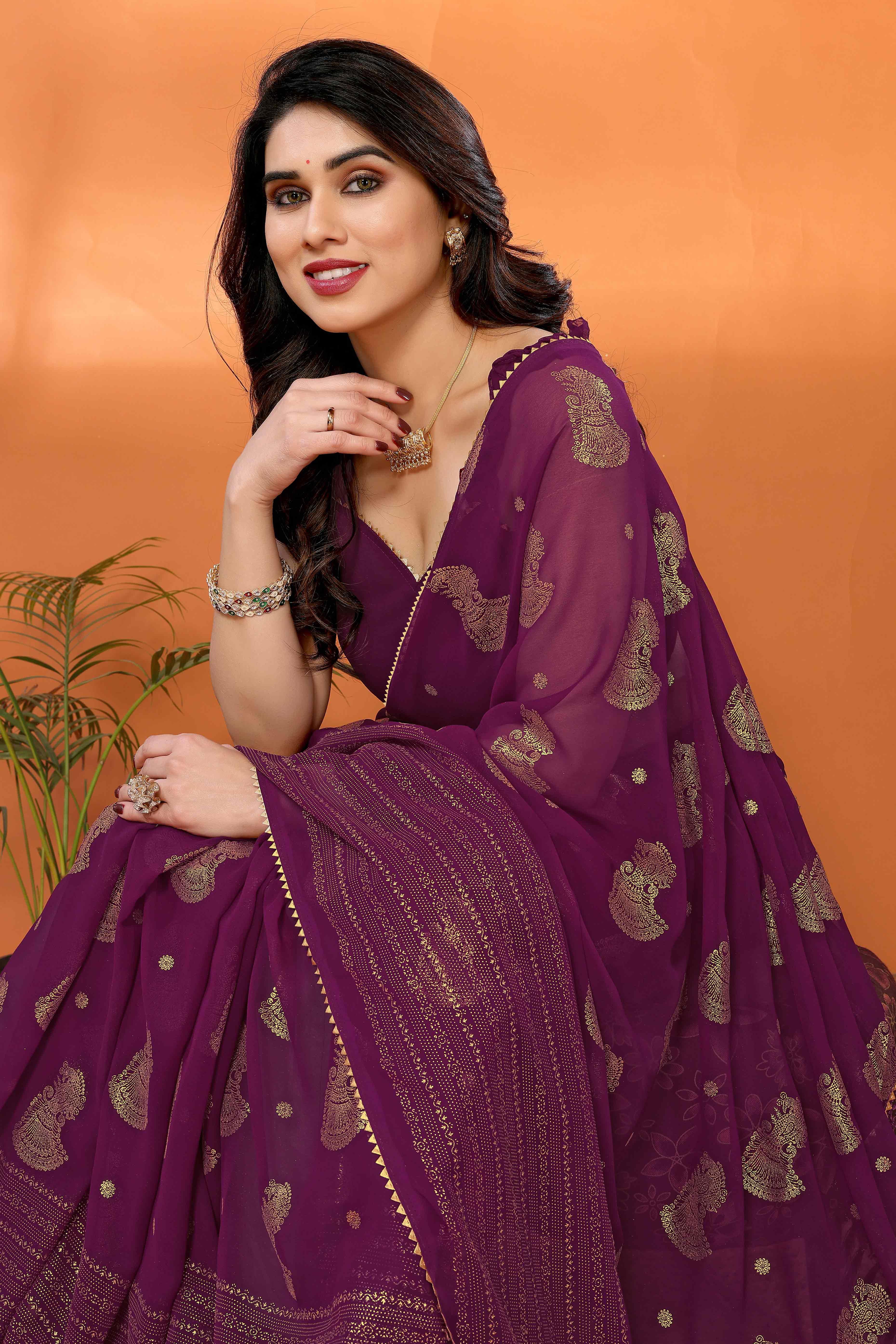 Wine Foil Printed Georgette Saree