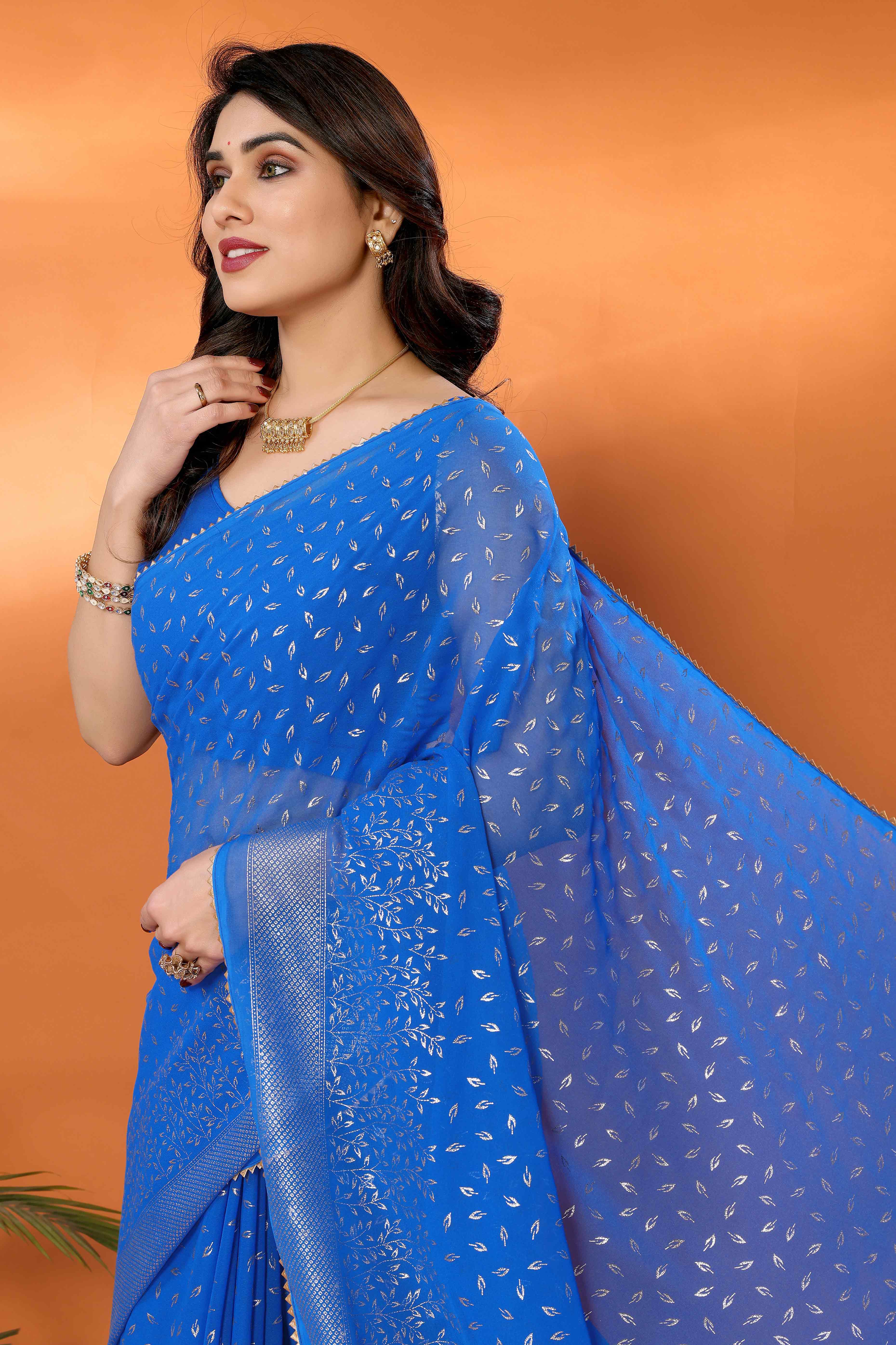 Blue Foil Printed Georgette Saree