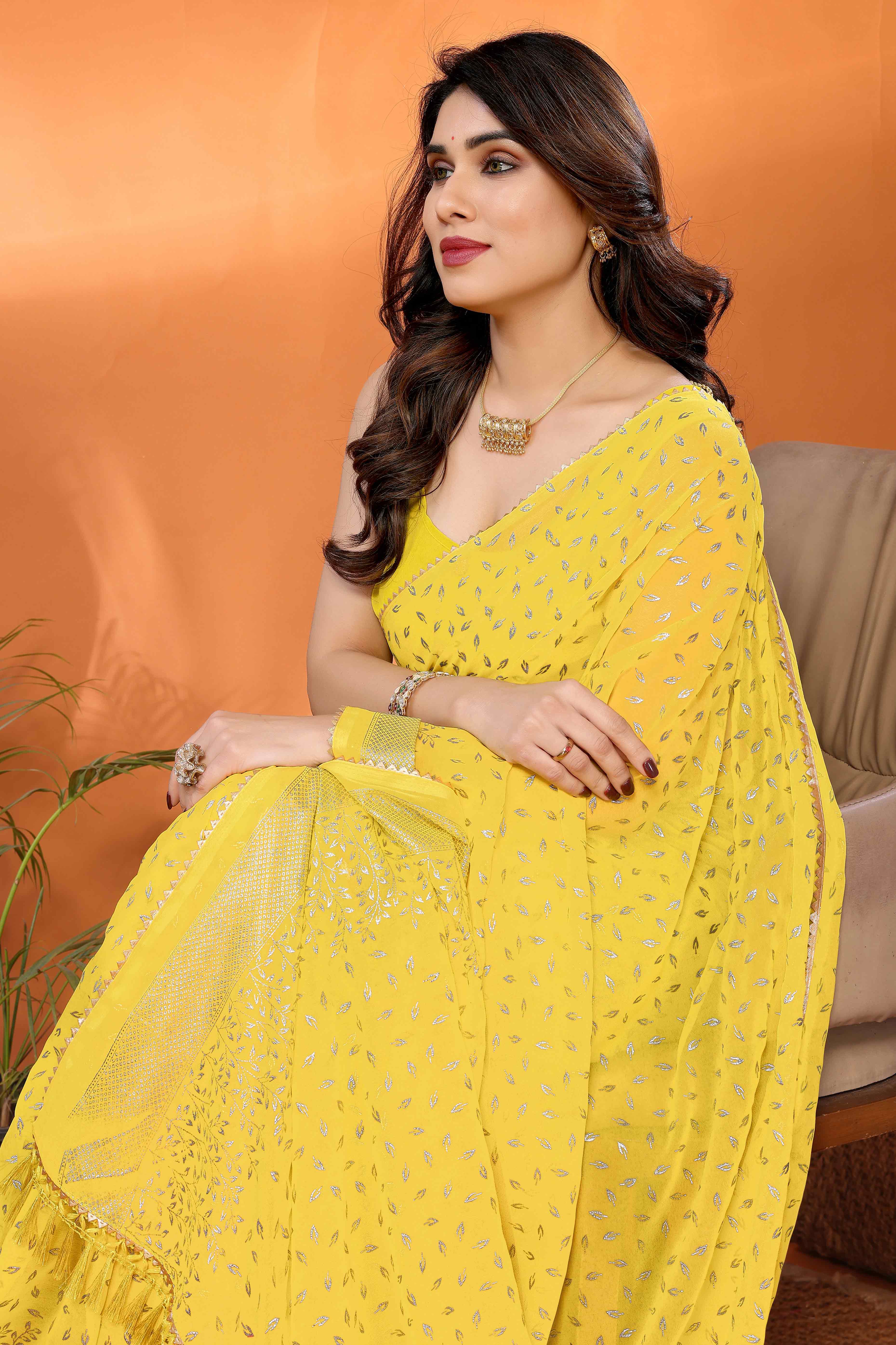 Yellow Foil Printed Georgette Saree