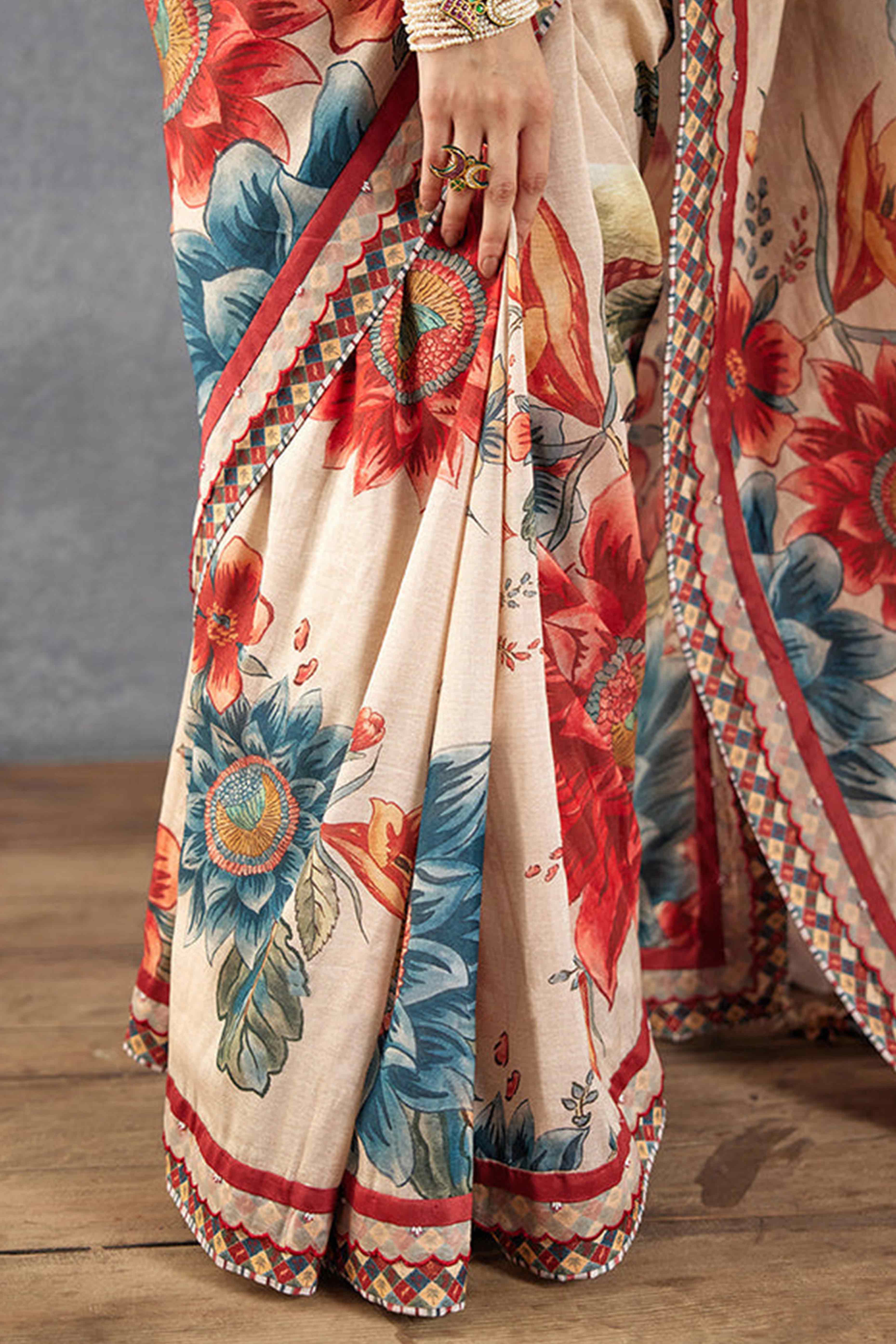 Beige Floral Printed Moss Chiffon Saree With Tassels
