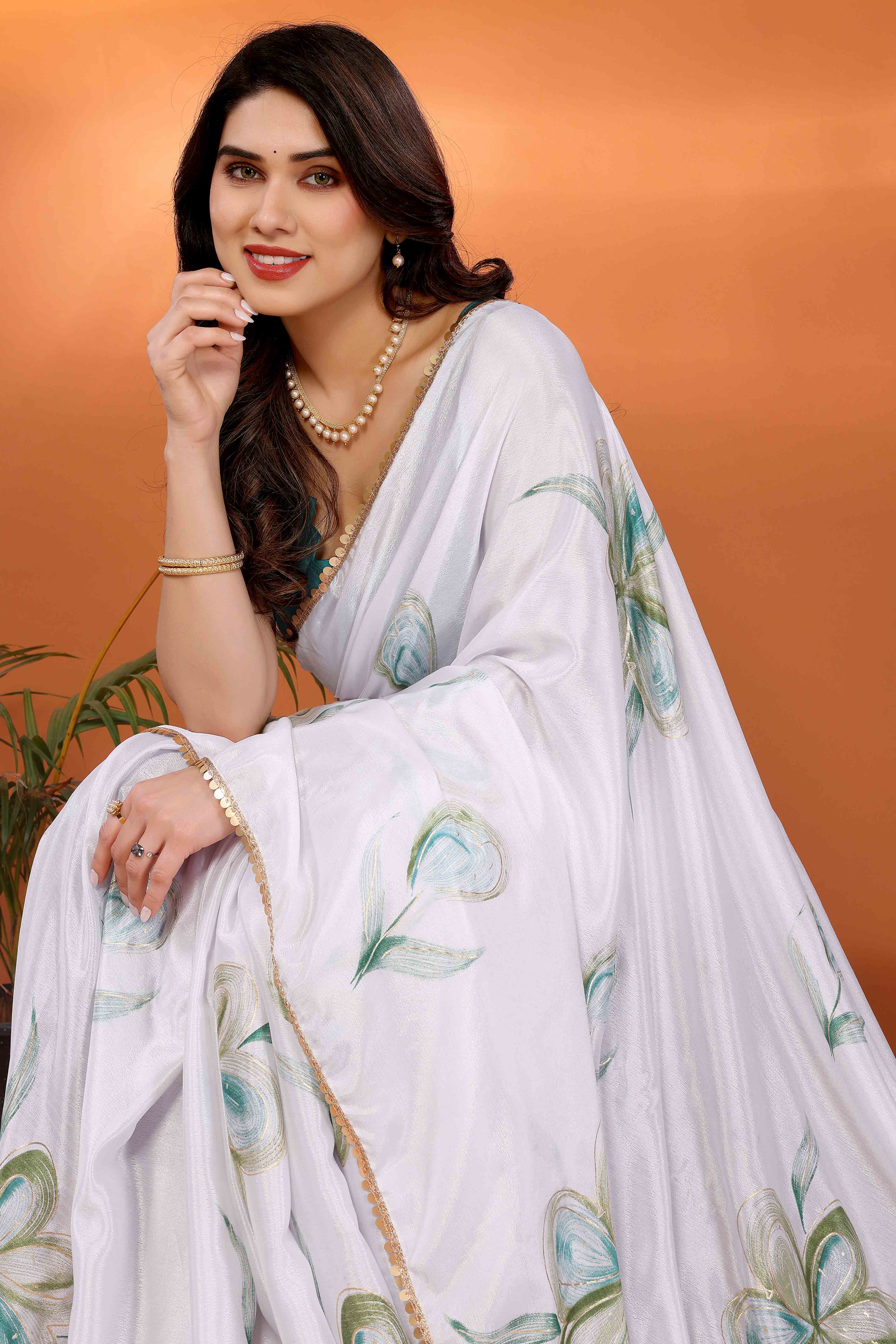 White & Green Floral Printed Chiffon Saree