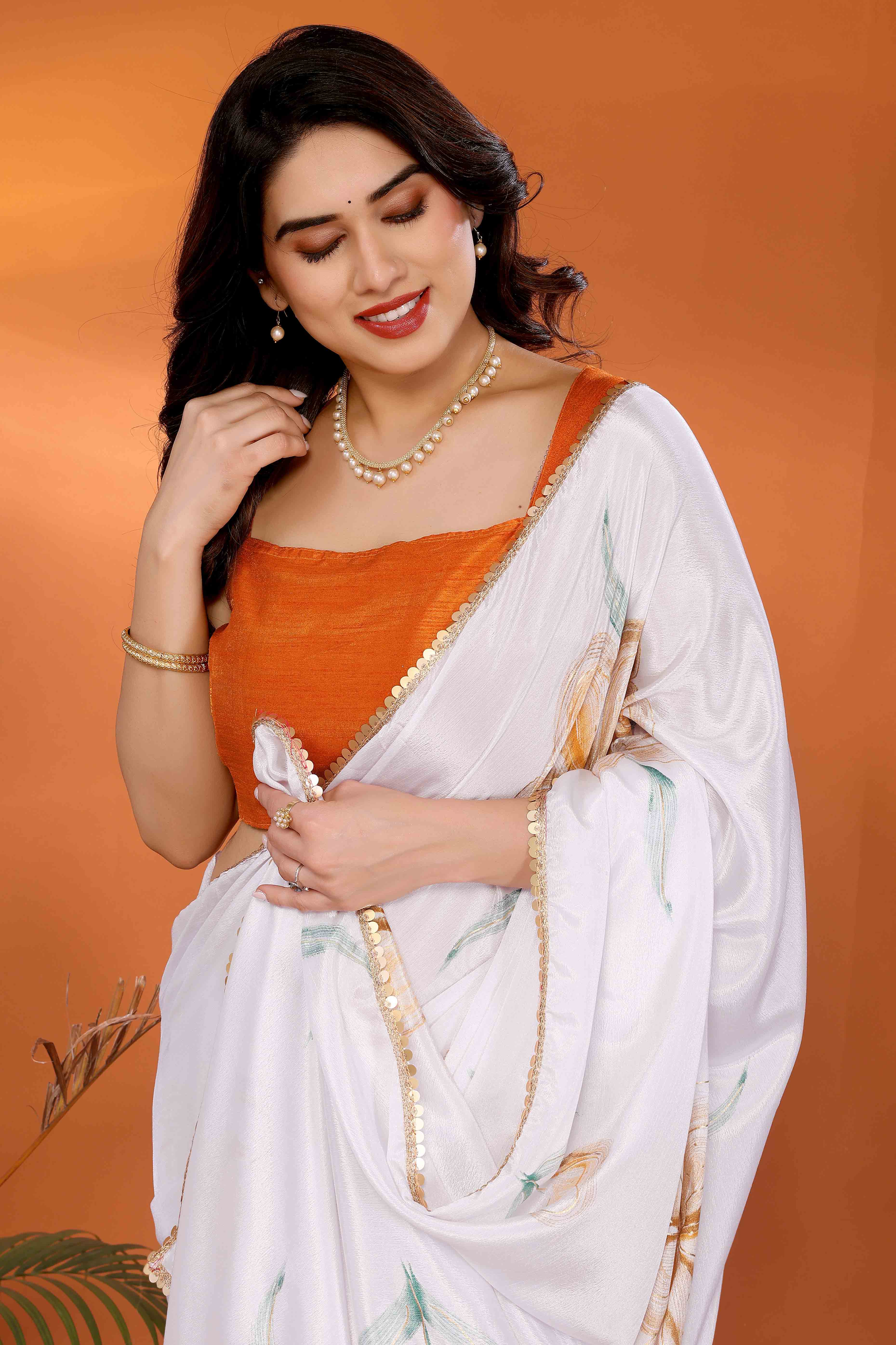 White & Orange Floral Printed Chiffon Saree