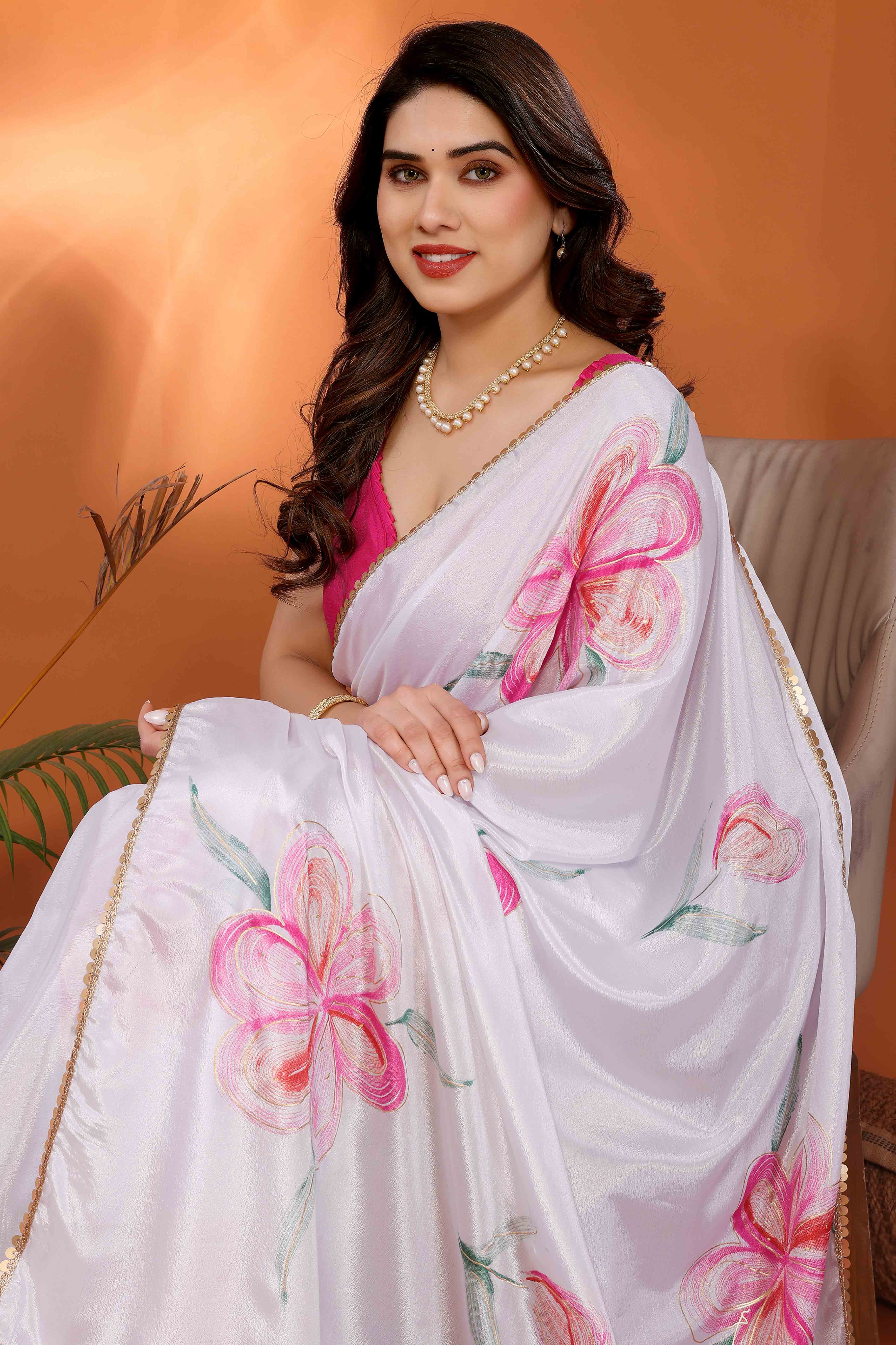 White & Pink Floral Printed Chiffon Saree