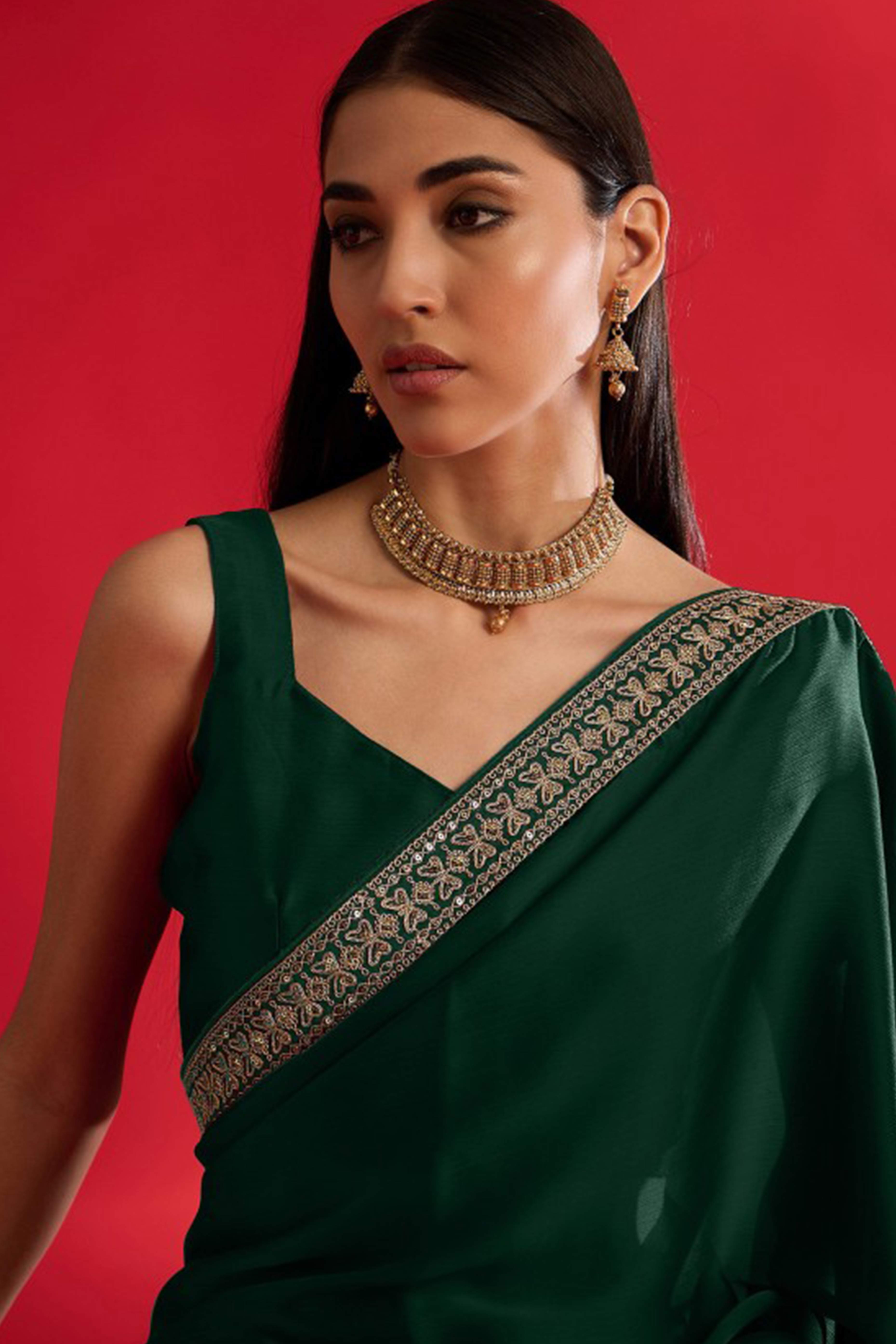 Green Solid With Embellished Bordered Georgette Sarees