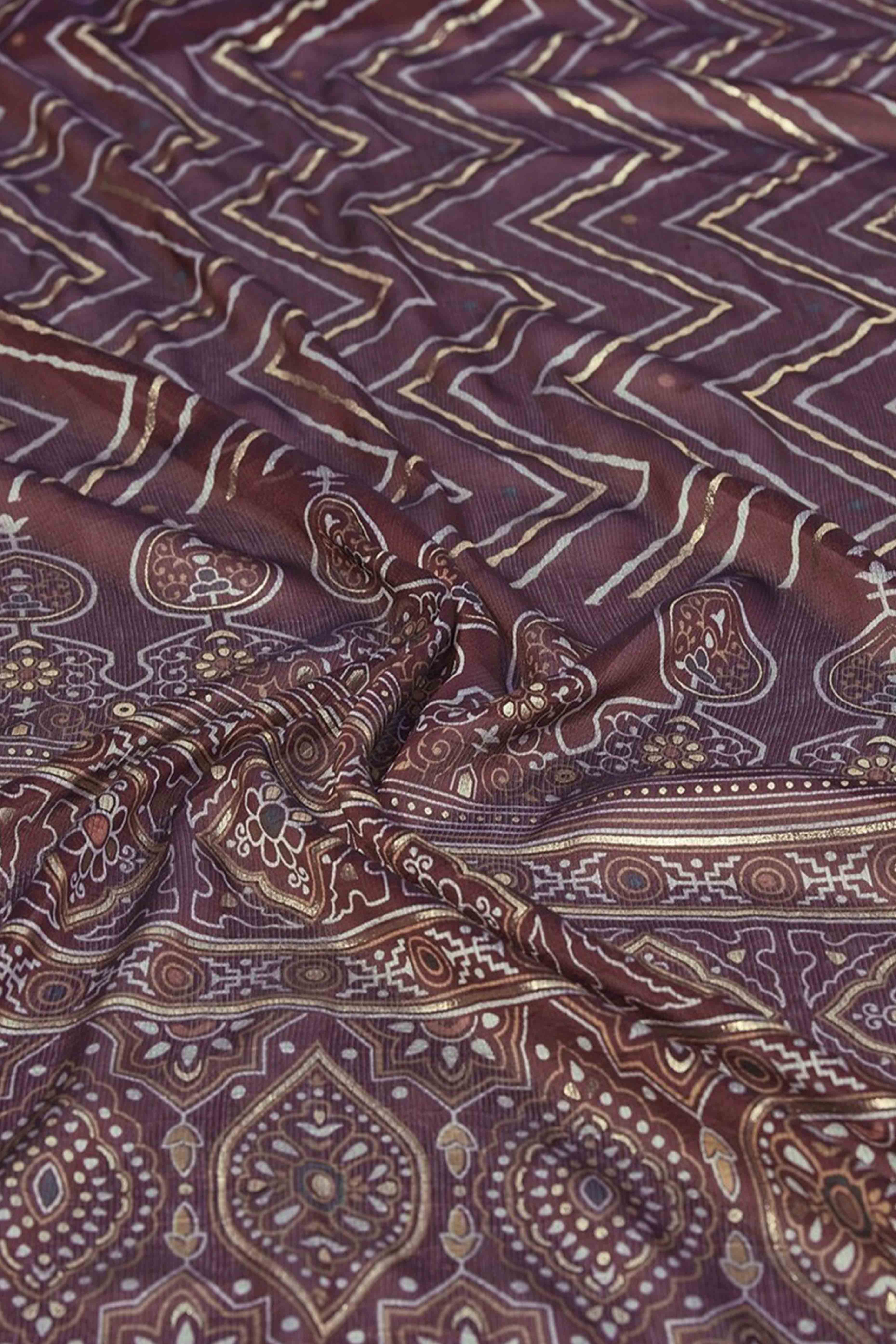 Dark Wine Chiffon Saree With Zig-Zag Foil Print & Golden Lace Border