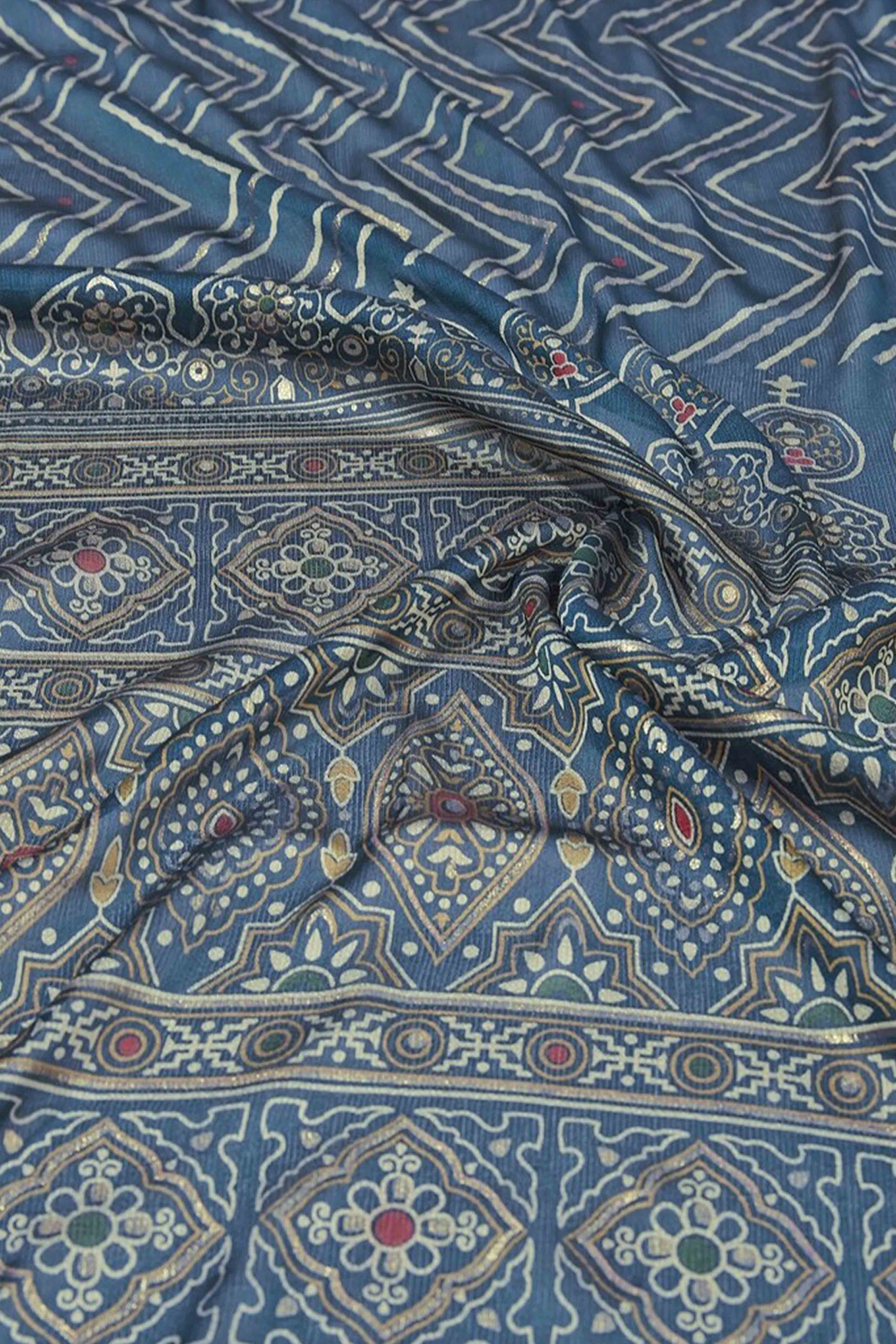 Morpich Blue Chiffon Saree With Zig-Zag Foil Print & Golden Lace Border