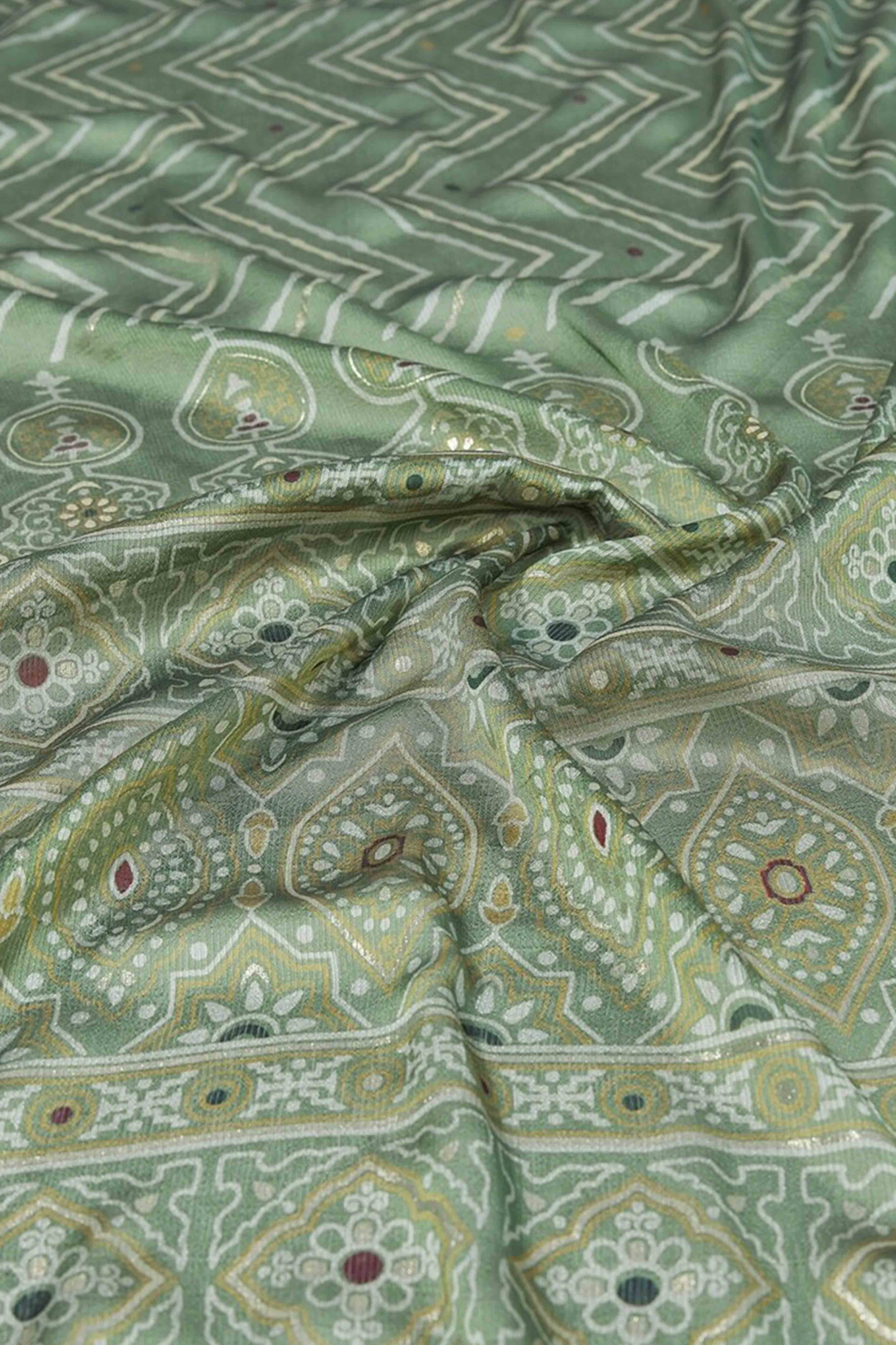 Pista Green Chiffon Saree With Zig-Zag Foil Print & Golden Lace Border