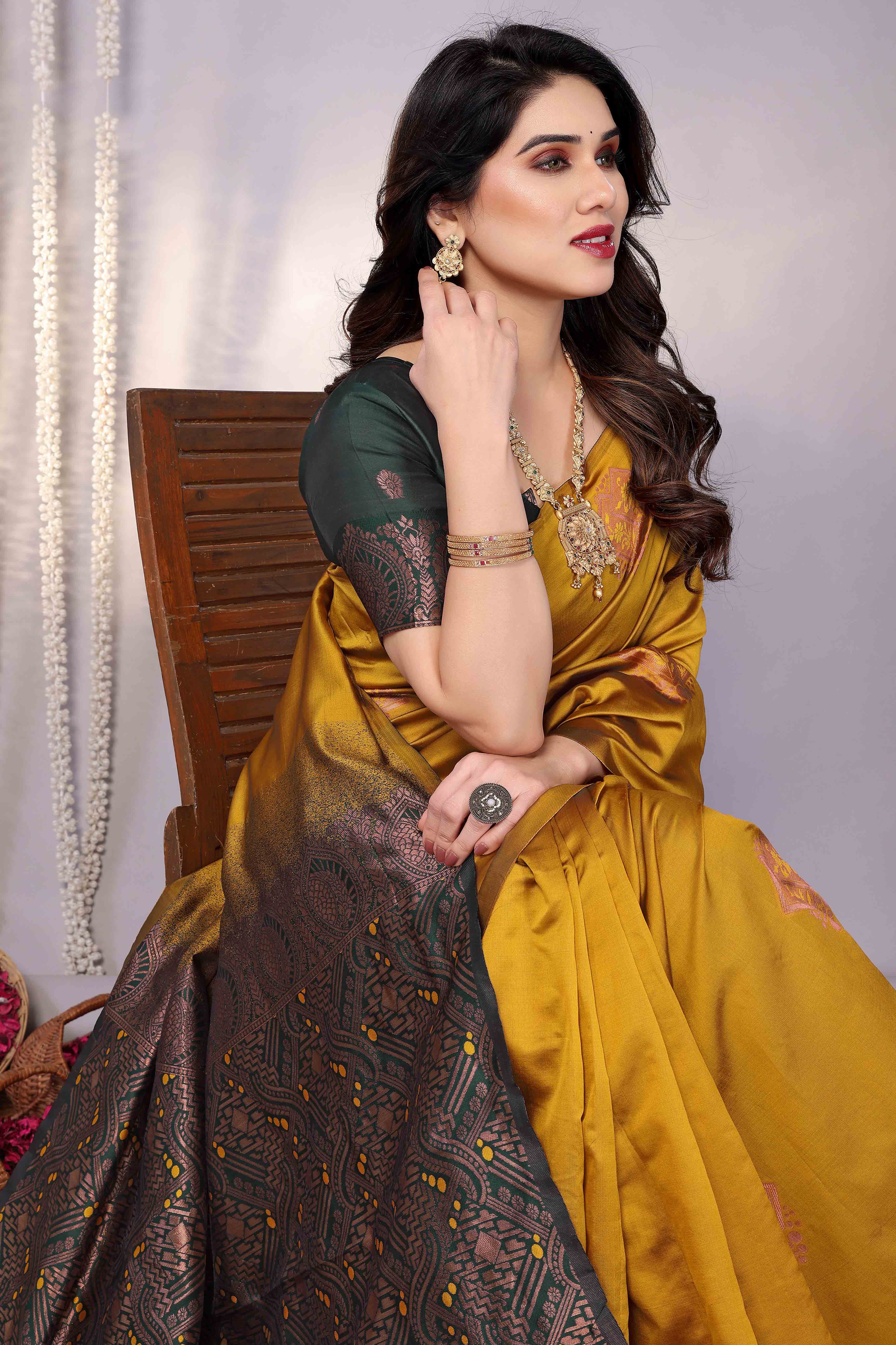 Mustard Banarasi Silk Saree Adorned With Floral Zari Weaving