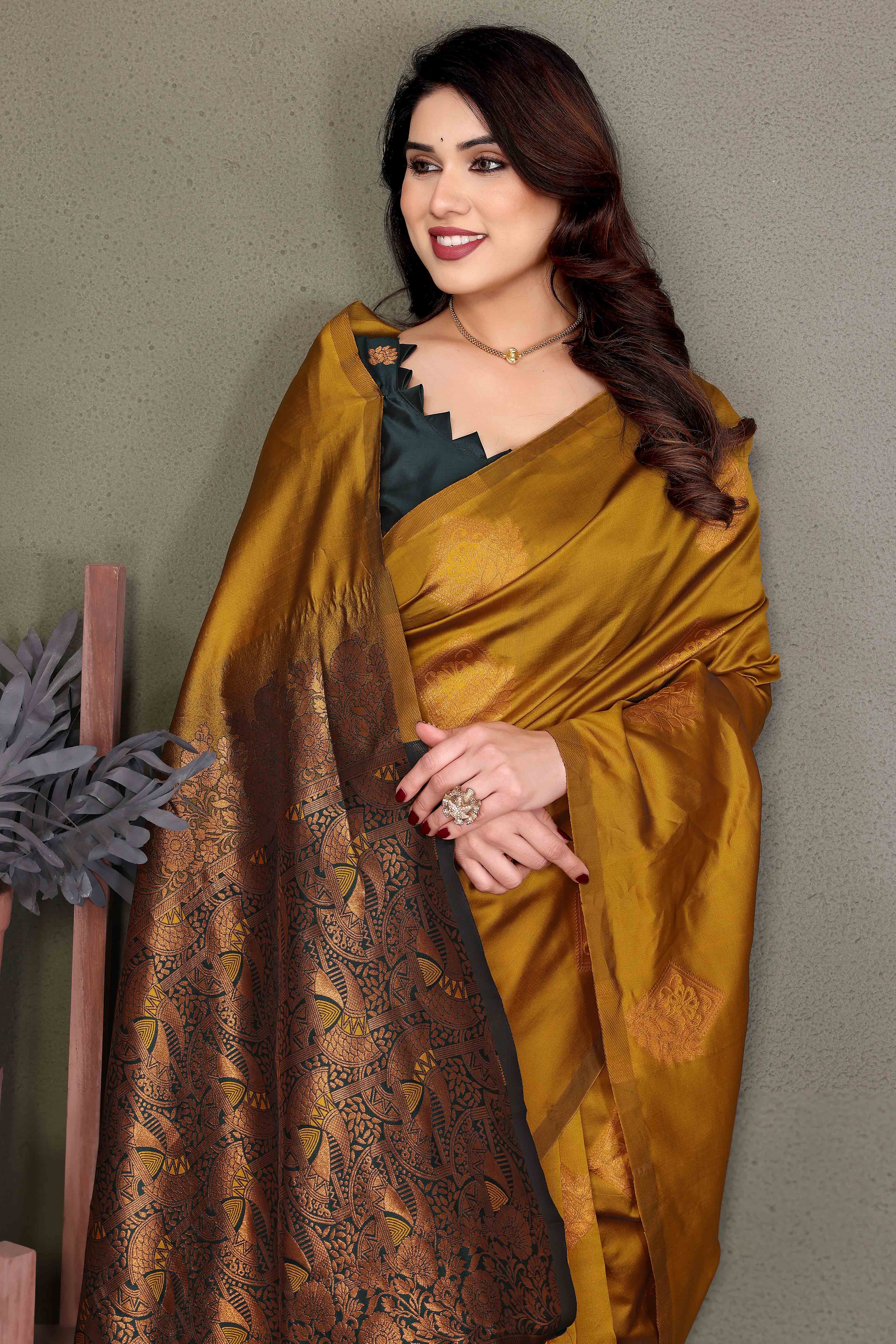 Mustard Banarasi Silk Saree With Exquisite Floral Zari Weaving