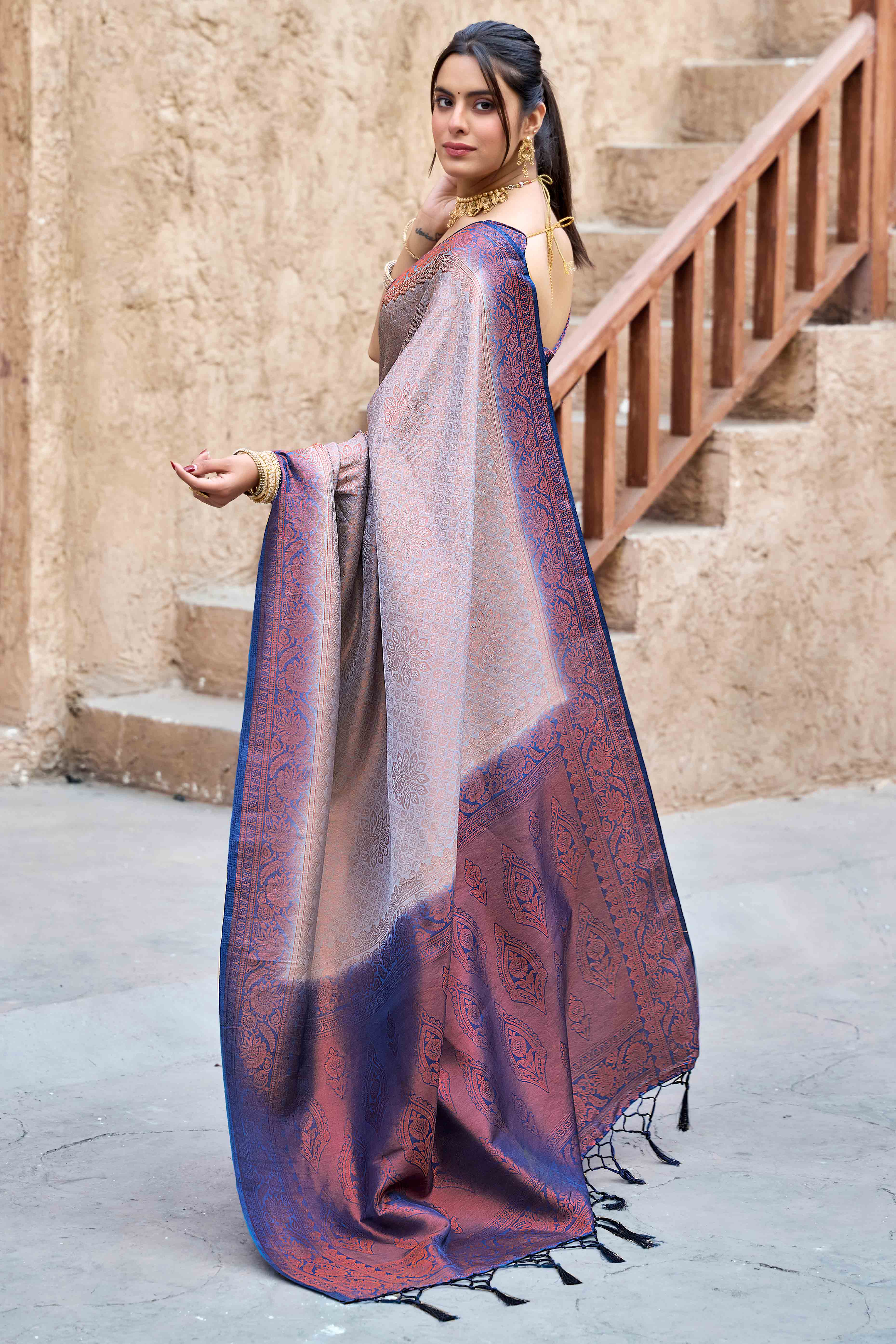 Grey Banarasi Silk Saree Featuring Elegant Floral Woven & Delicate Tassel Edging