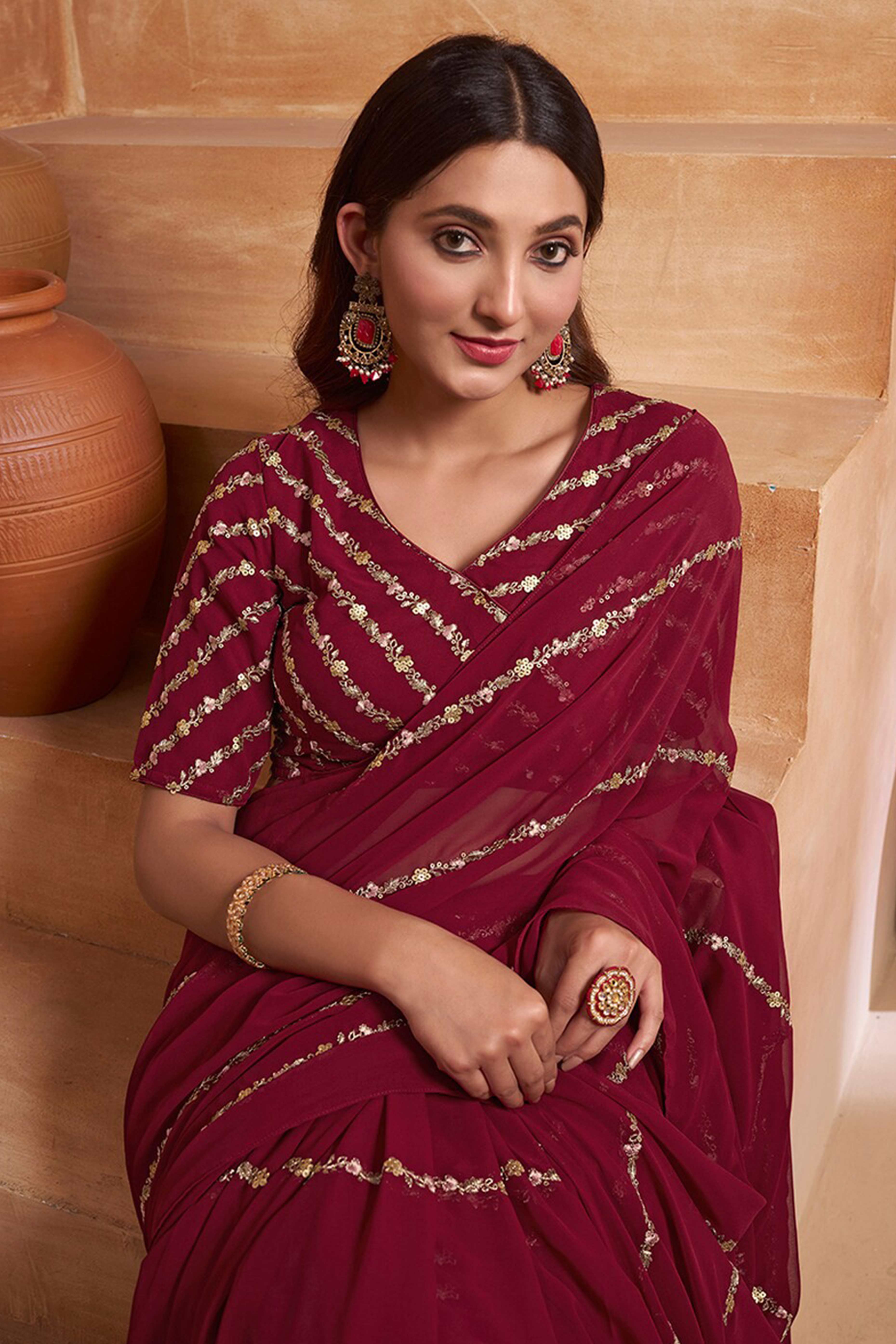 Radiant Maroon  Floral Georgette Saree Embellished With Fine Sequins Embroidery