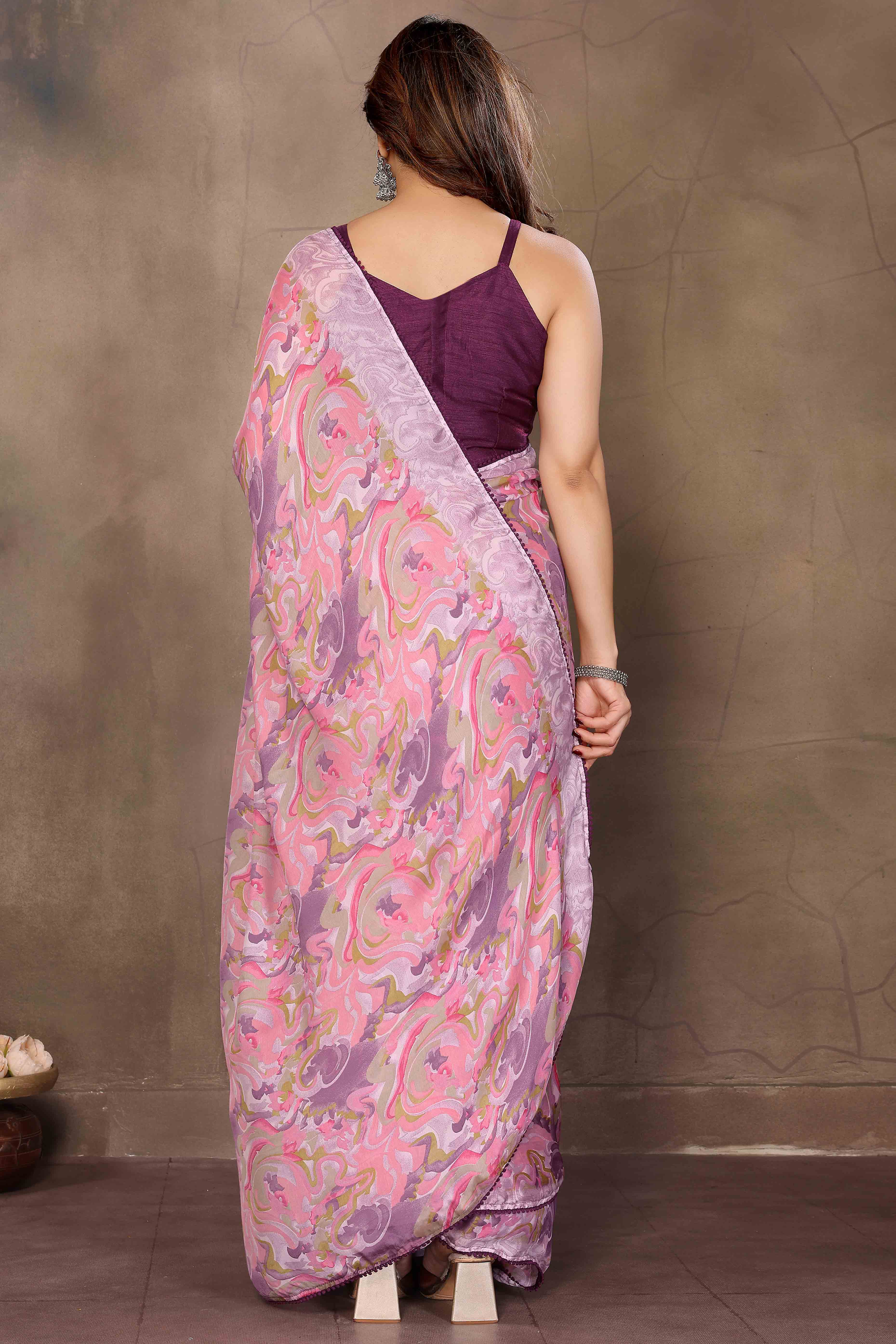 Pink Chiffon Ready To Wear Saree with Delicate Floral Embroidery for Elegant Occasions