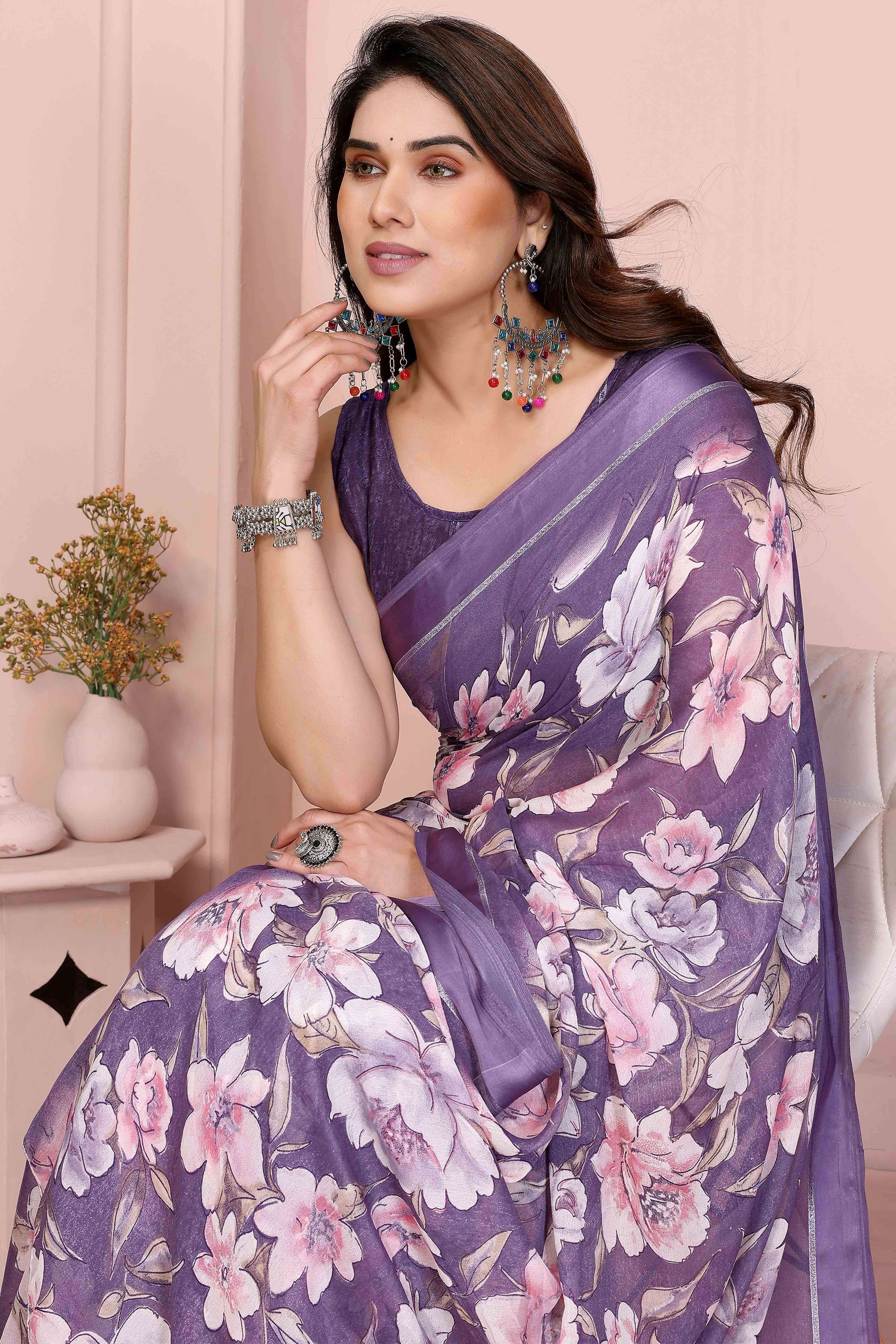 Purple Crepe Saree Accentuated With Satin Patta & Floral Print Detailing