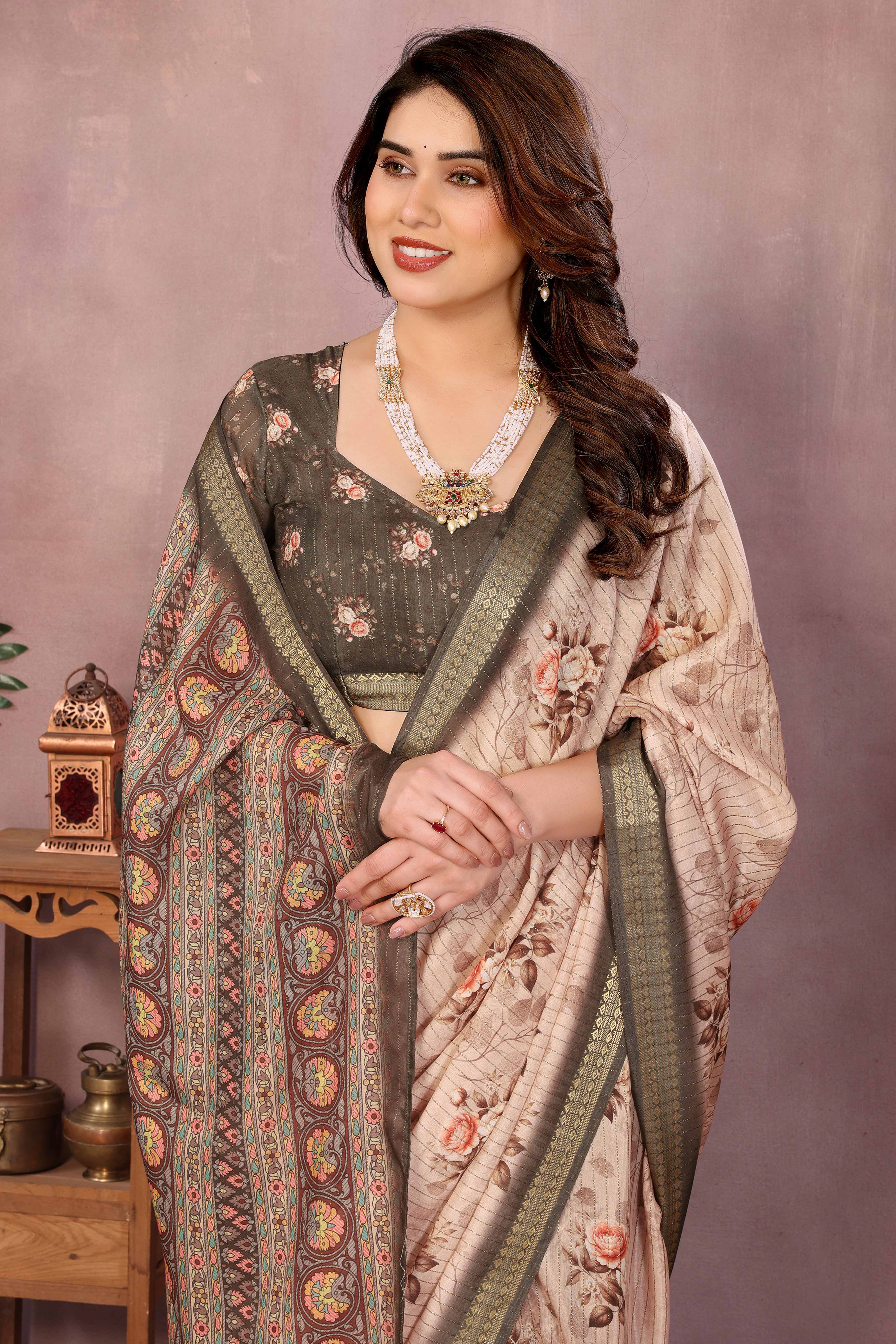 Beige Zari Woven Saree with Floral Motifs in Cotton Blend Fabric