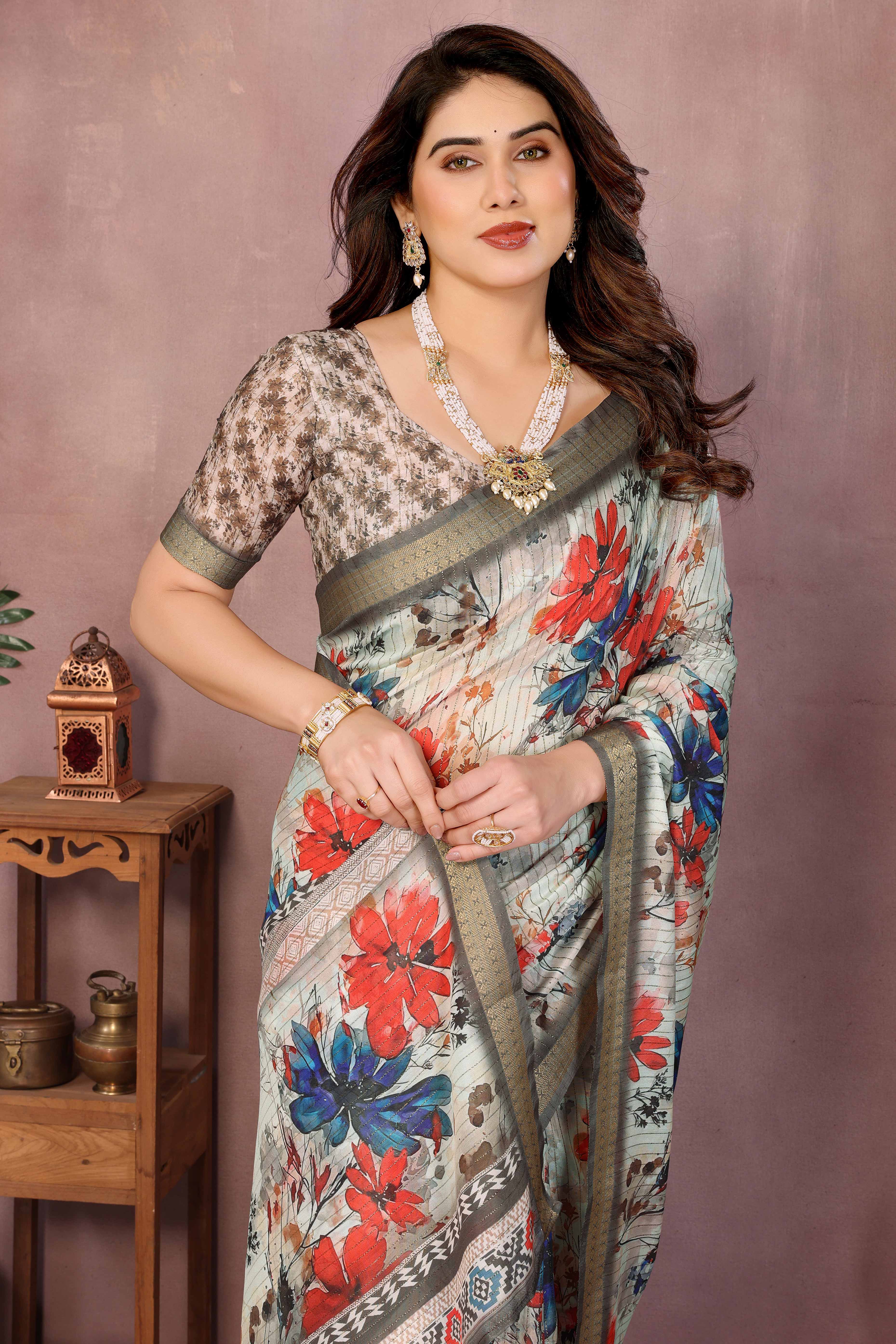 Off White Zari Woven Saree with Floral Motifs in Cotton Blend Fabric