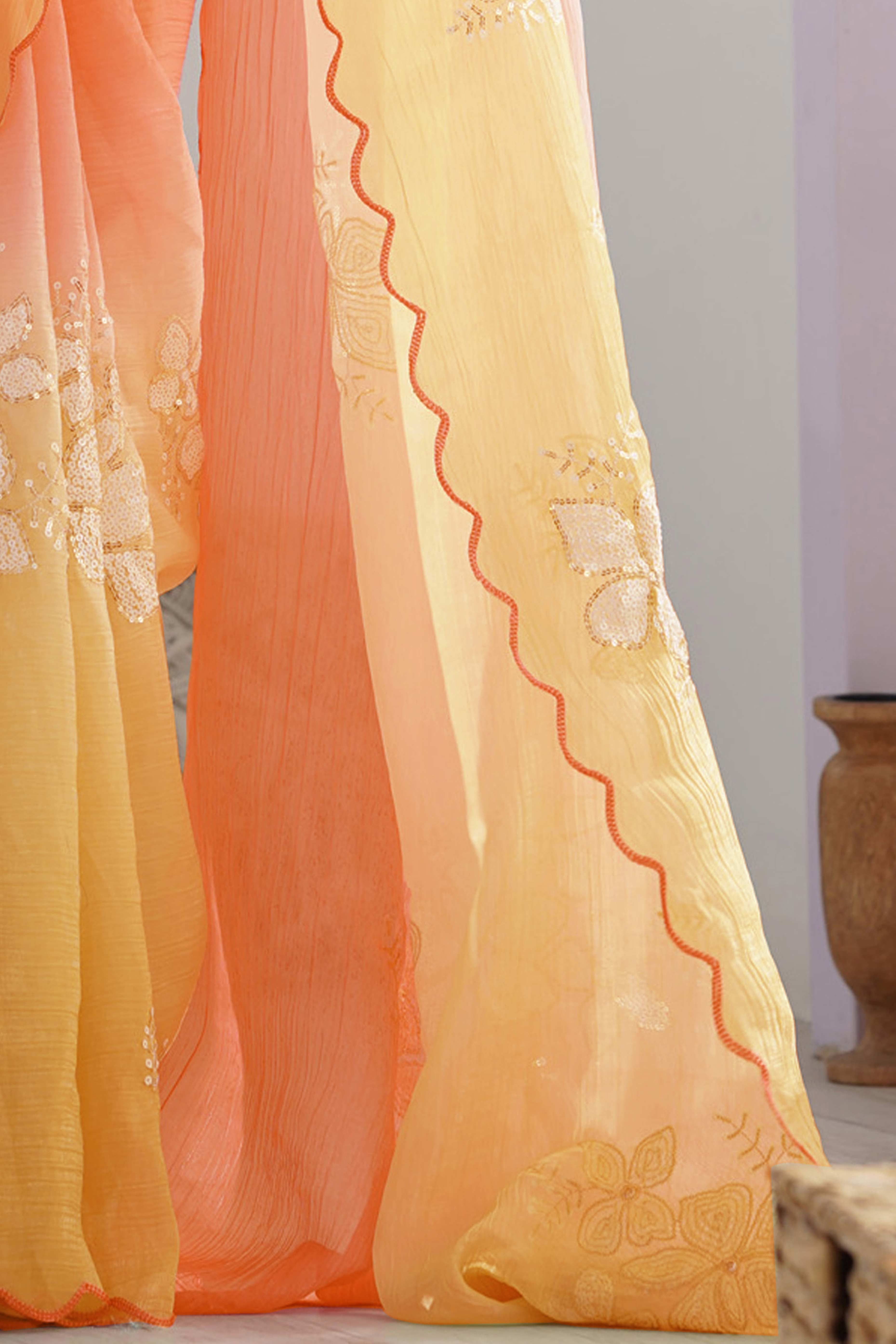 Orange & Yellow Ombre Silk Blend Saree Accentuated With Floral Sequins Embroidery