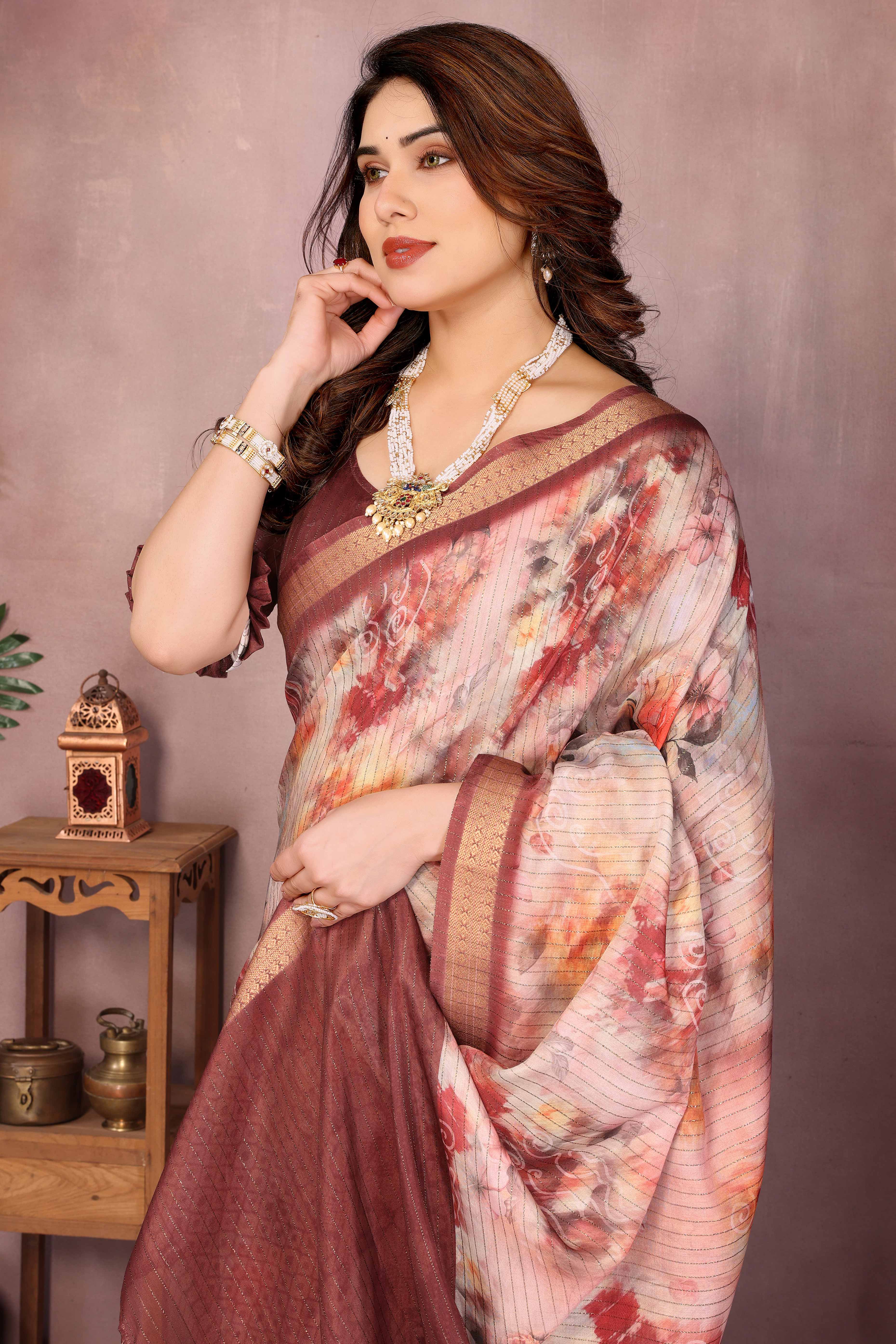 Peach Zari Woven Saree with Floral Motifs in Cotton Blend Fabric