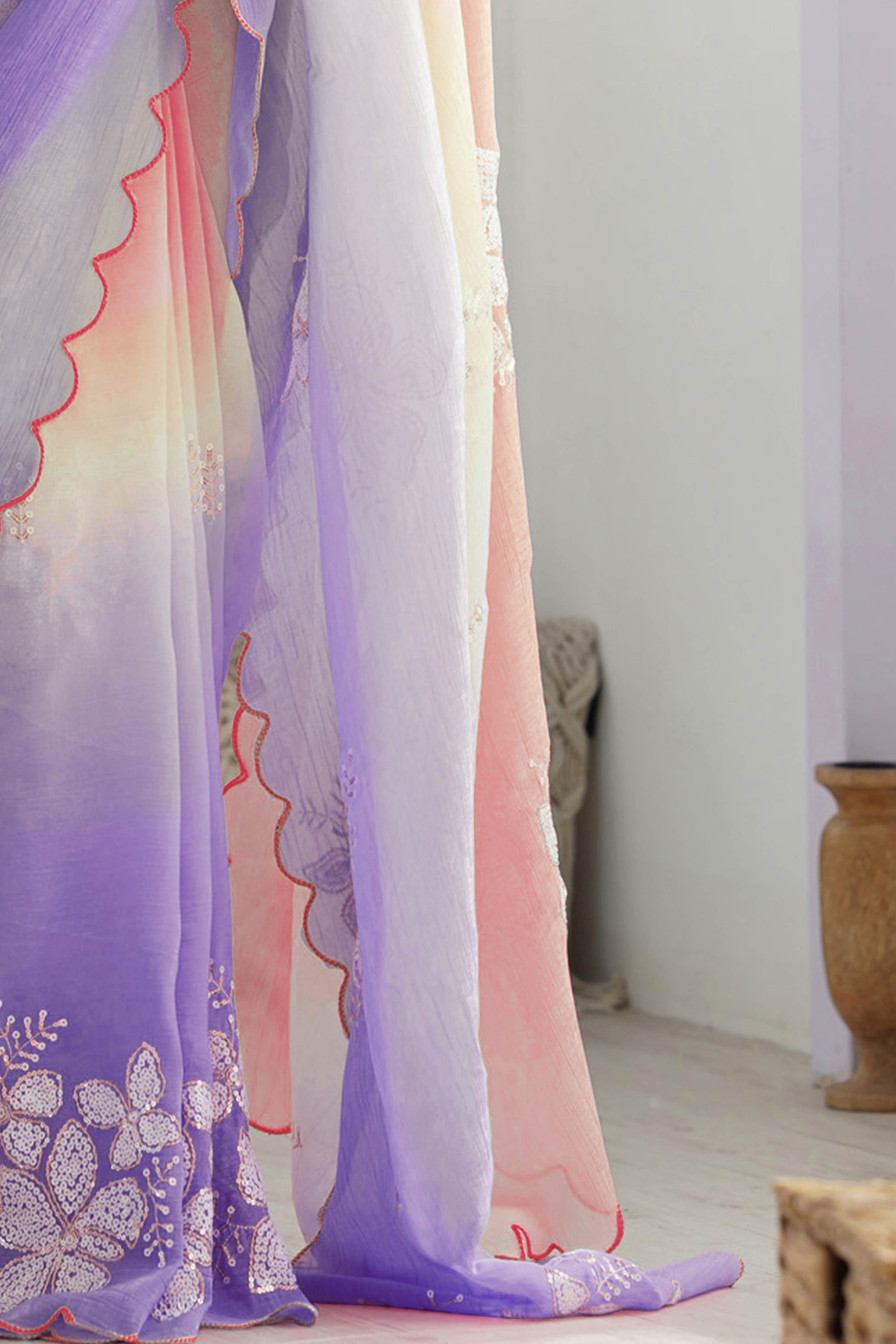 Peach & Lavender Ombre Silk Blend Saree Accentuated With Floral Sequins Embroidery