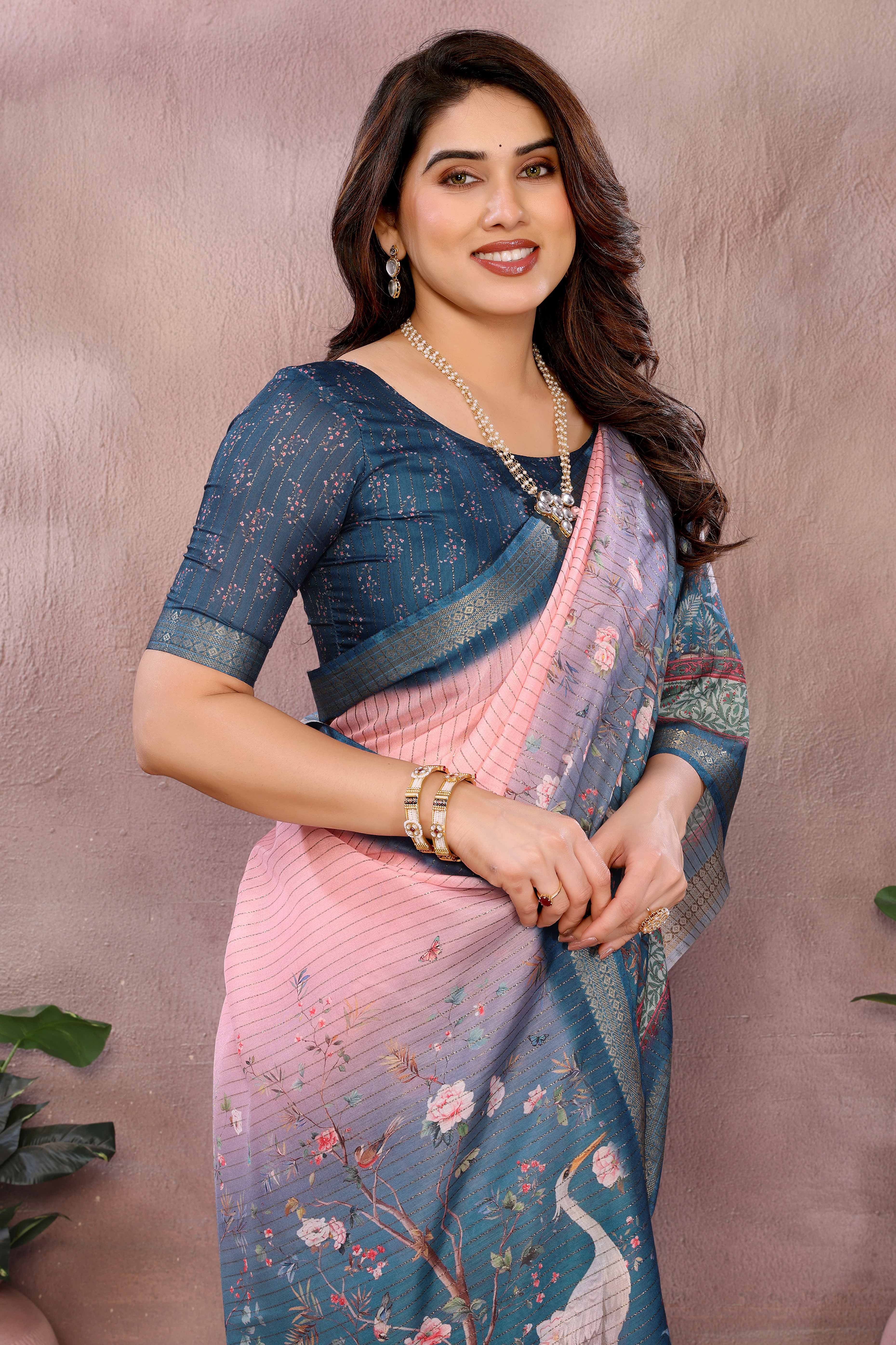 Pink Zari Woven Saree with Floral Motifs in Cotton Blend Fabric