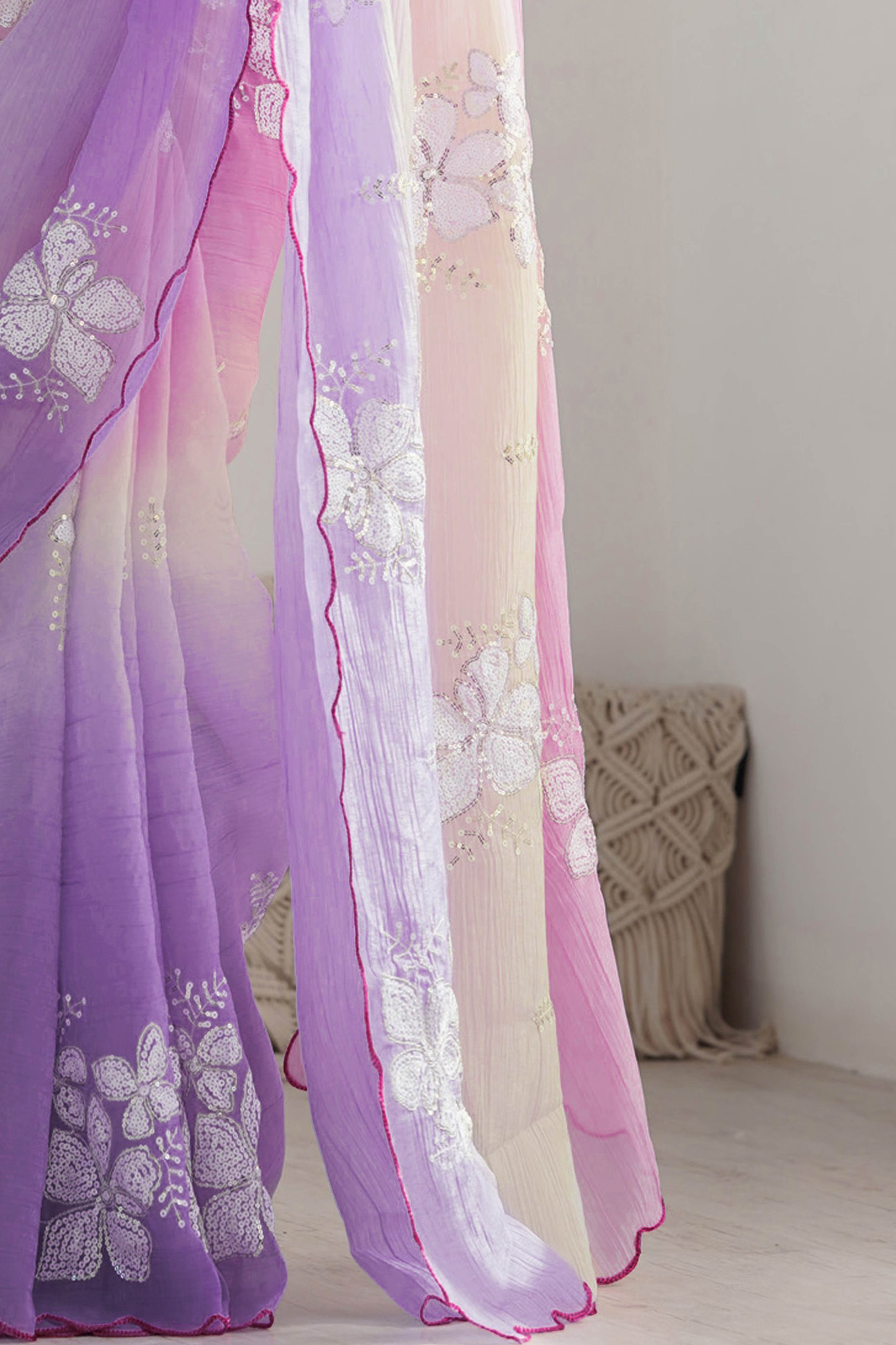 Pink & Lavender Ombre Silk Blend Saree Accentuated With Floral Sequins Embroidery