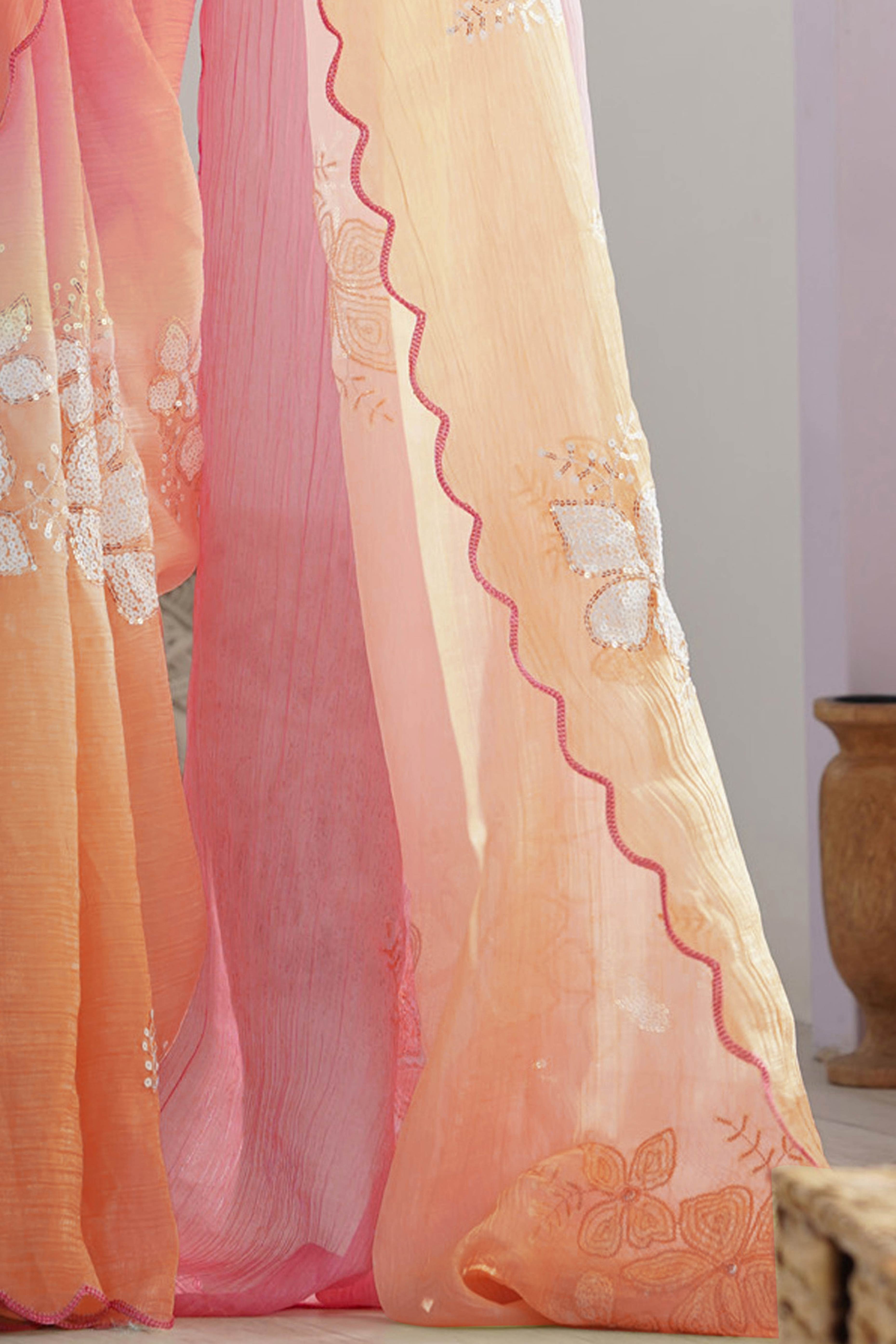 Pink & Orange Ombre Silk Blend Saree Accentuated With Floral Sequins Embroidery