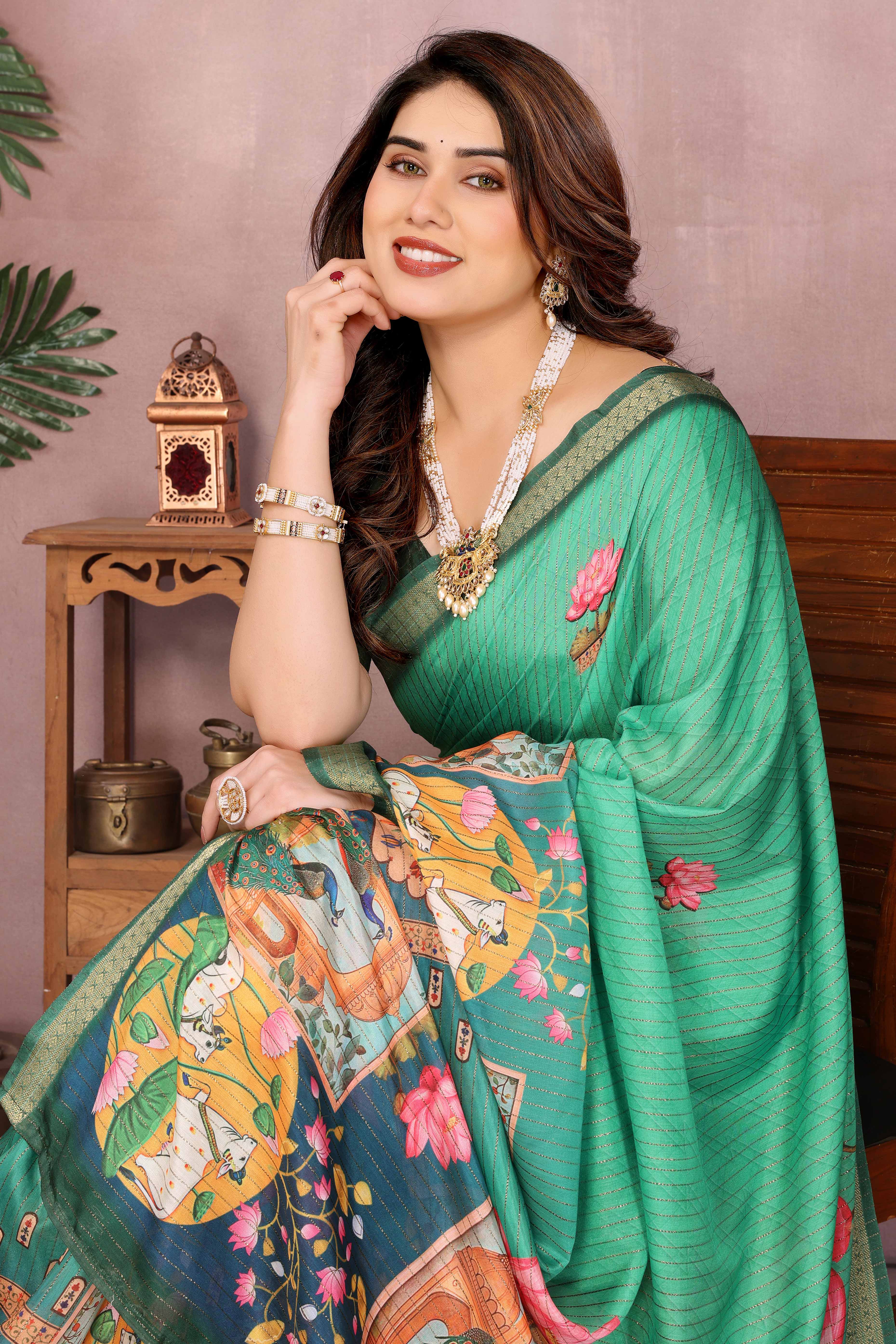Rama Green Zari Woven Saree with Floral Motifs in Cotton Blend Fabric