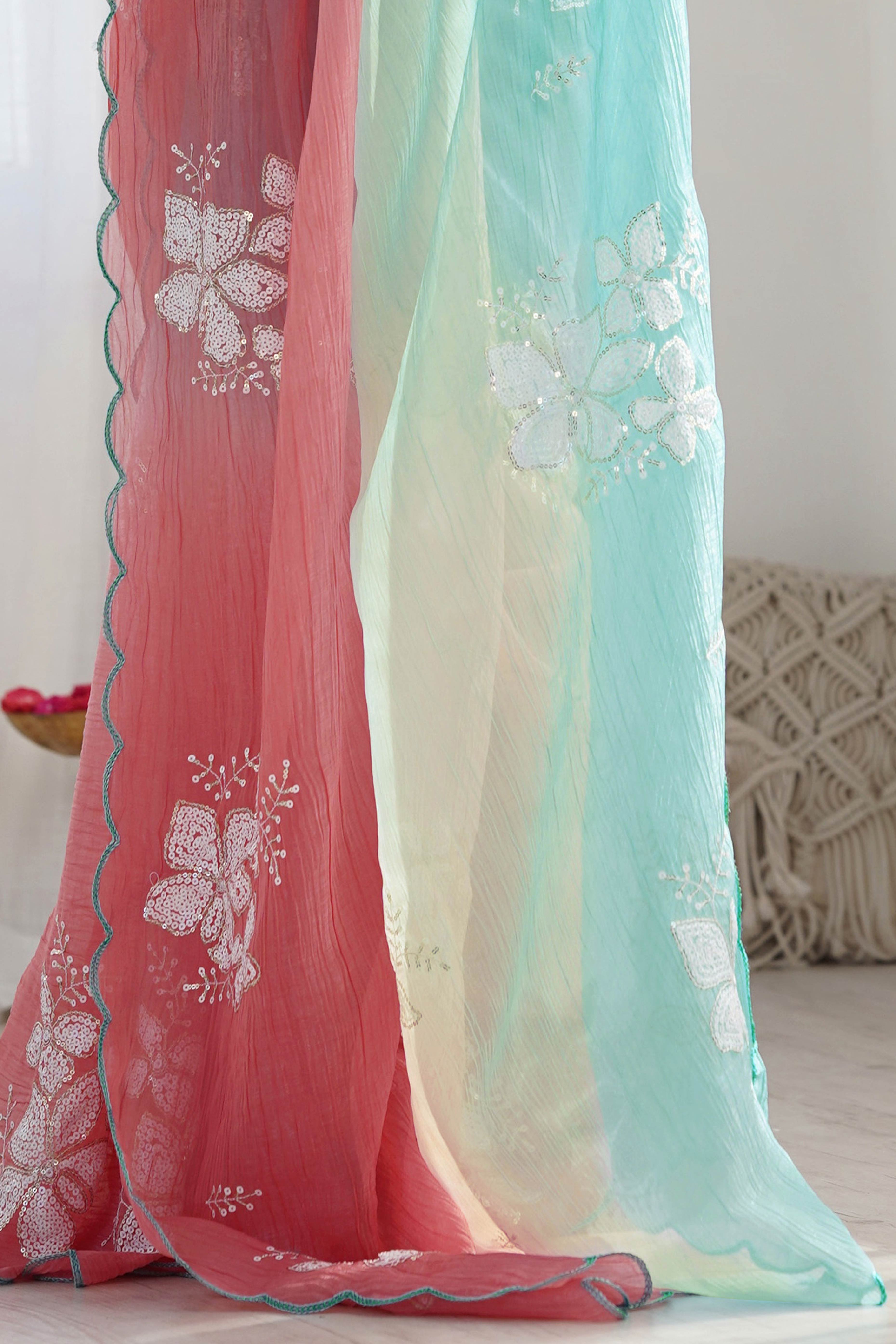 Rama Green & Peach Ombre Silk Blend Saree Accentuated With Floral Sequins Embroidery