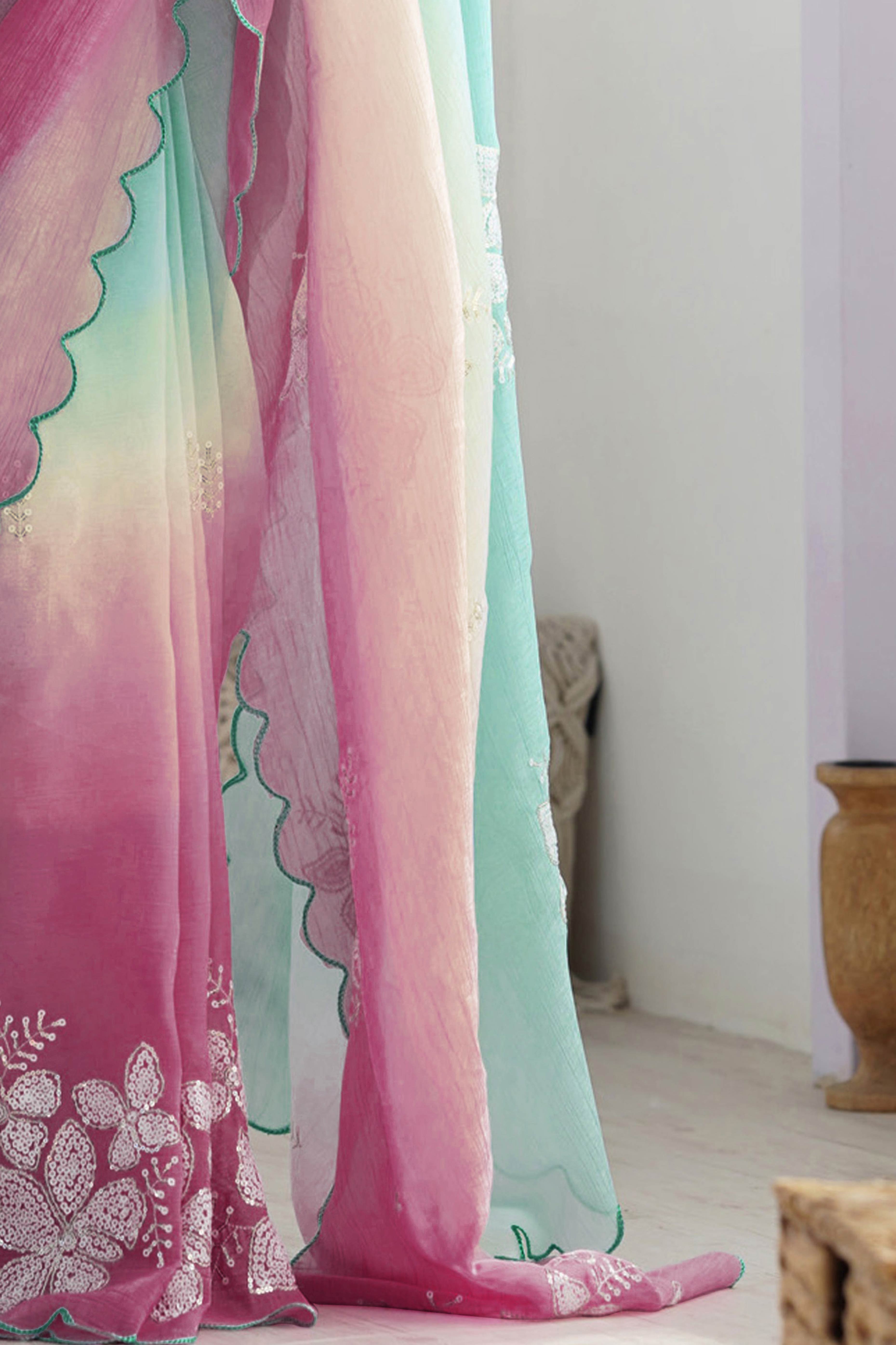 Rama Green & Wine Ombre Silk Blend Saree Accentuated With Floral Sequins Embroidery