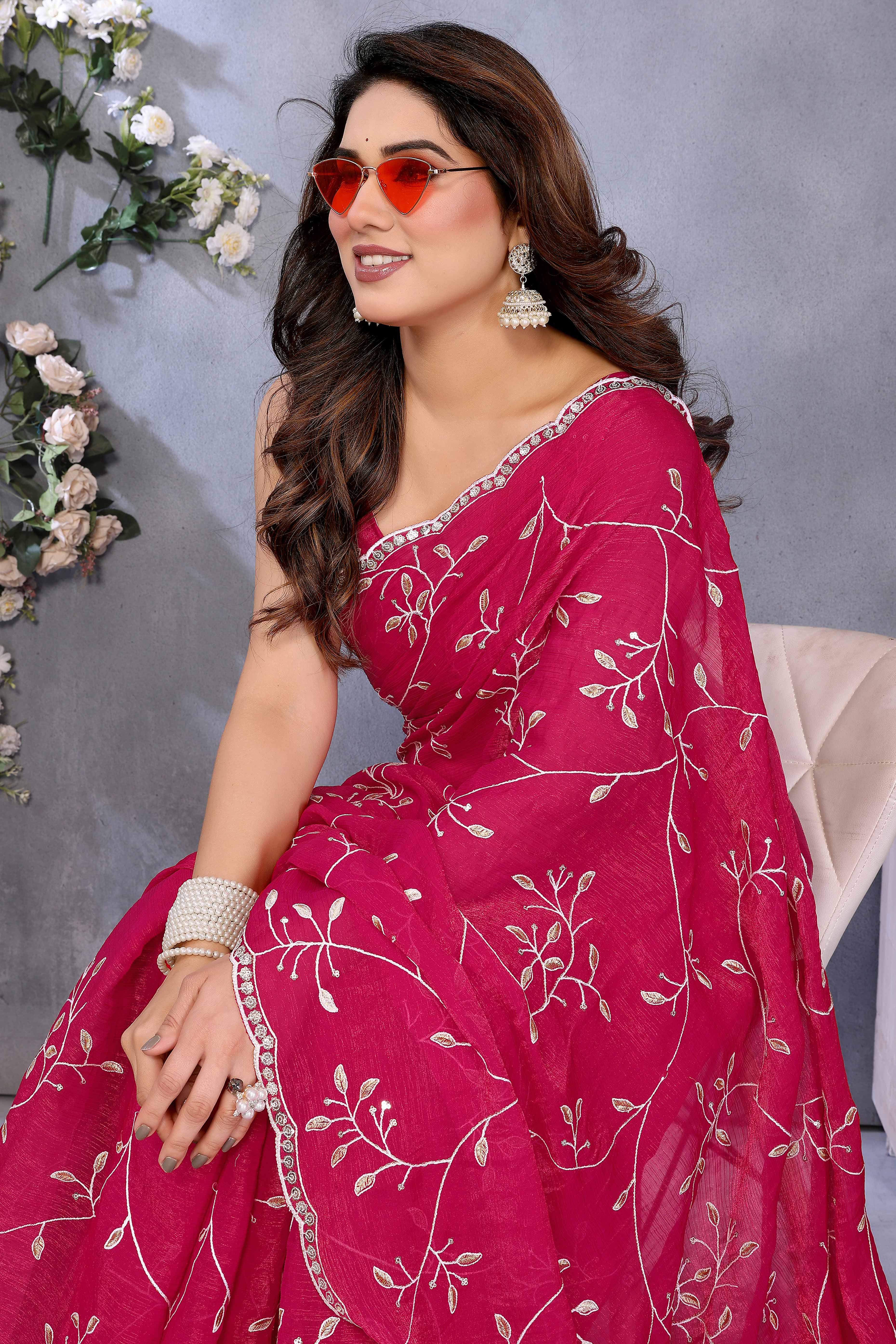 Pink Jimmy Choo Chiffon Saree Adorned with Delicate Floral Sequins Embroidery