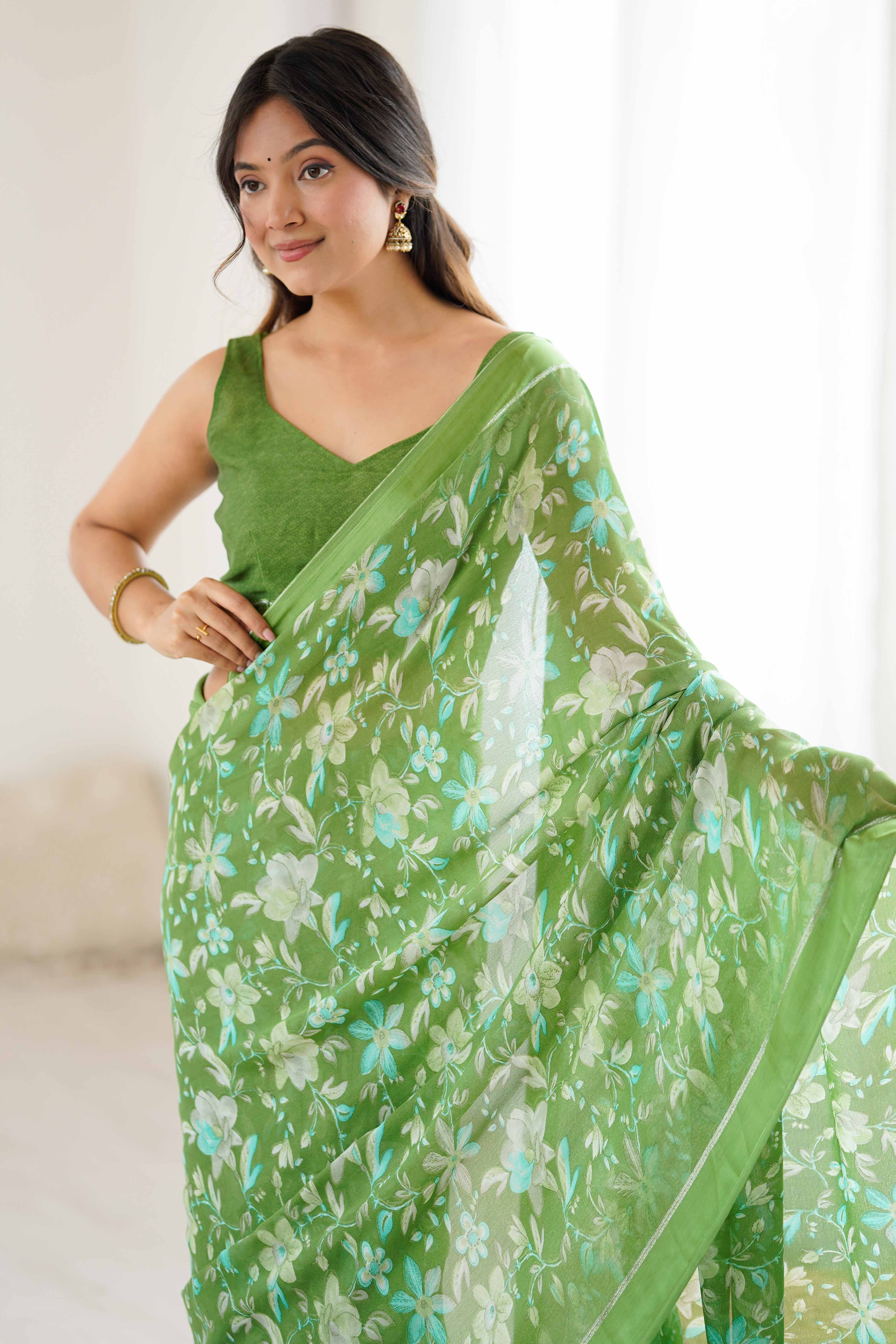Green Moss Silk Blend Saree With Artistic Floral Digital Print & Stylish Tassel Pallu
