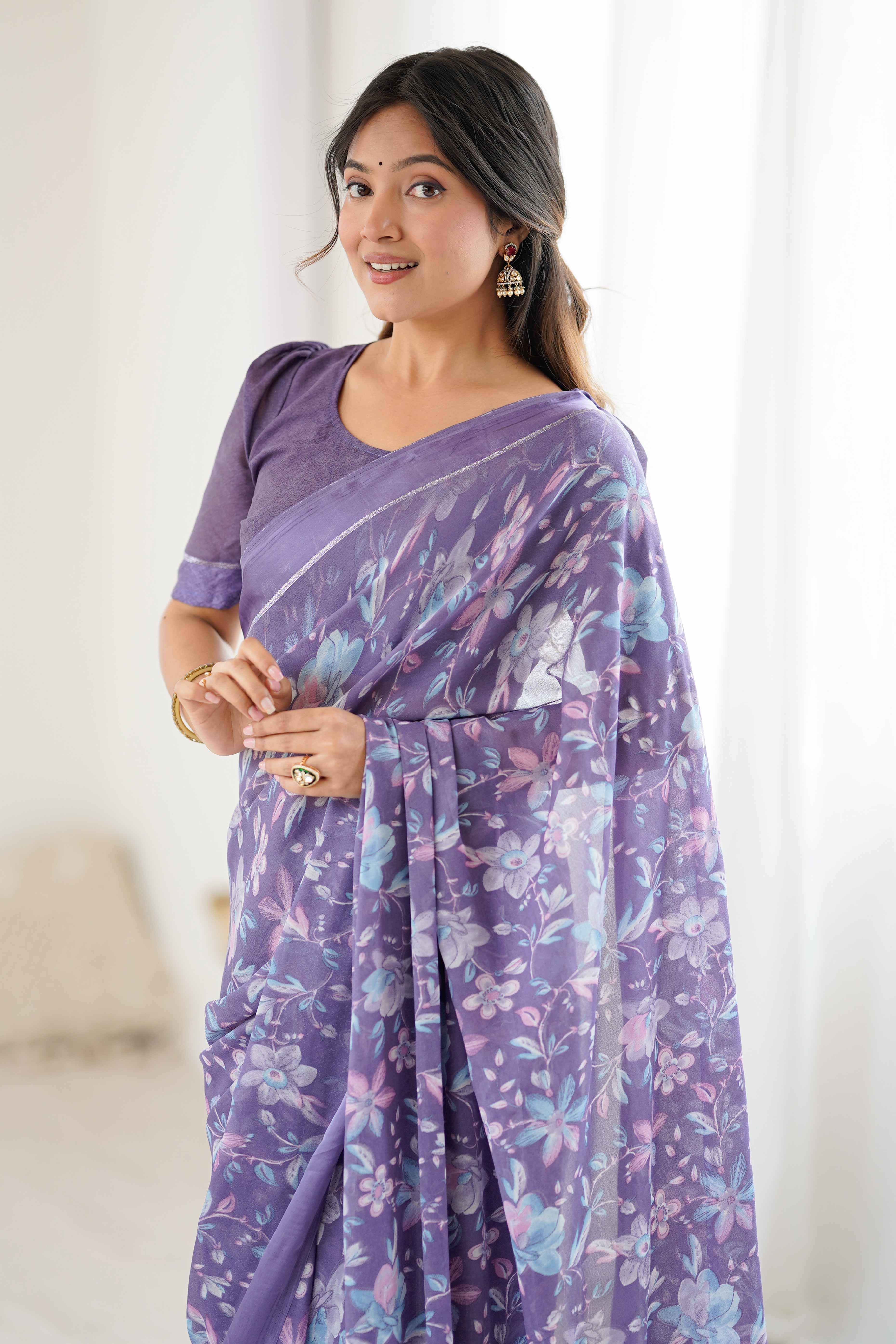 Lavender Moss Silk Blend Saree With Artistic Floral Digital Print & Stylish Tassel Pallu