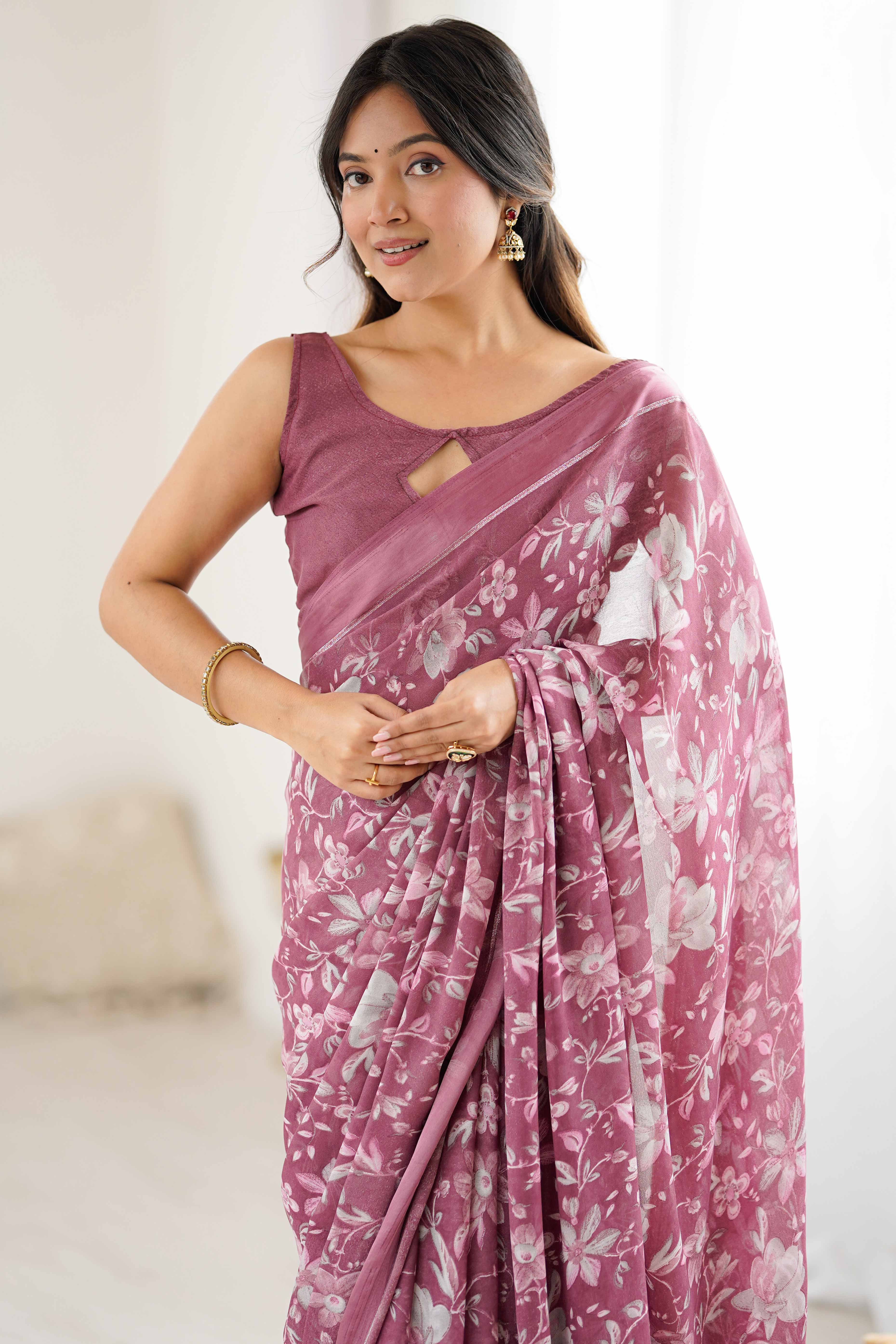Mauve Moss Silk Blend Saree With Artistic Floral Digital Print & Stylish Tassel Pallu