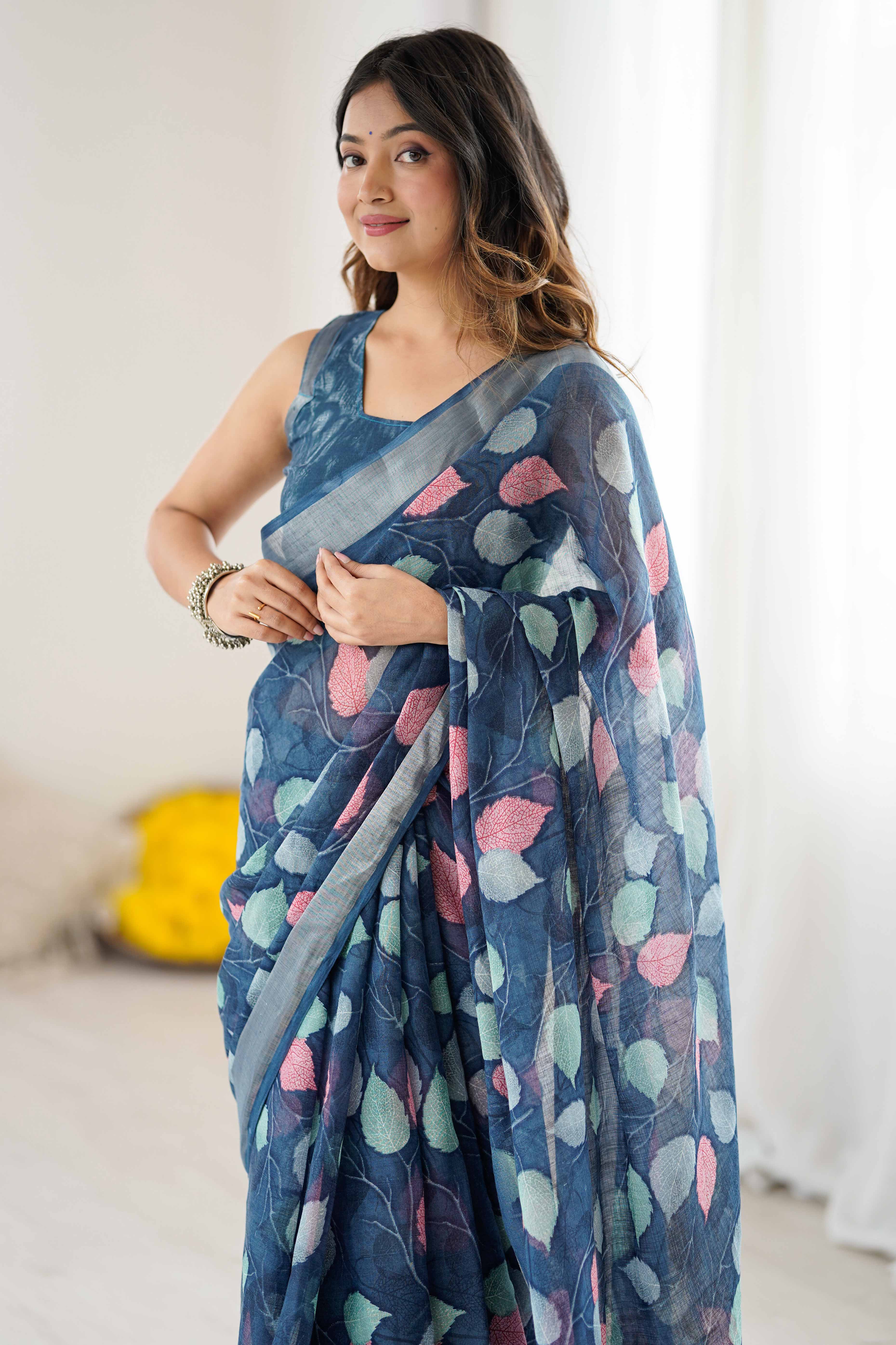 Dark Blue Linen Saree With Graceful All Over Leaf Pattern
