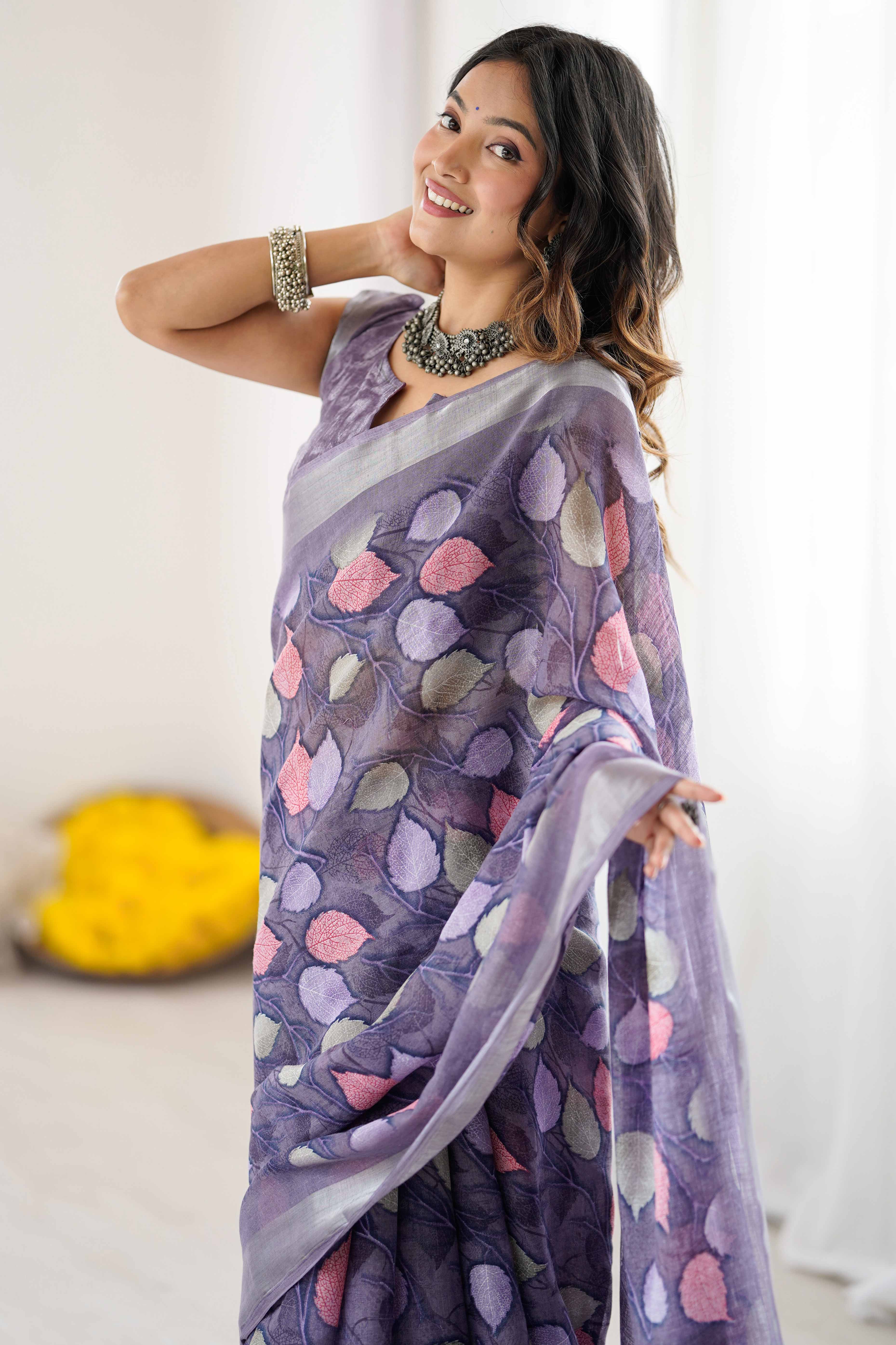 Lavender Linen Saree With Graceful All Over Leaf Pattern
