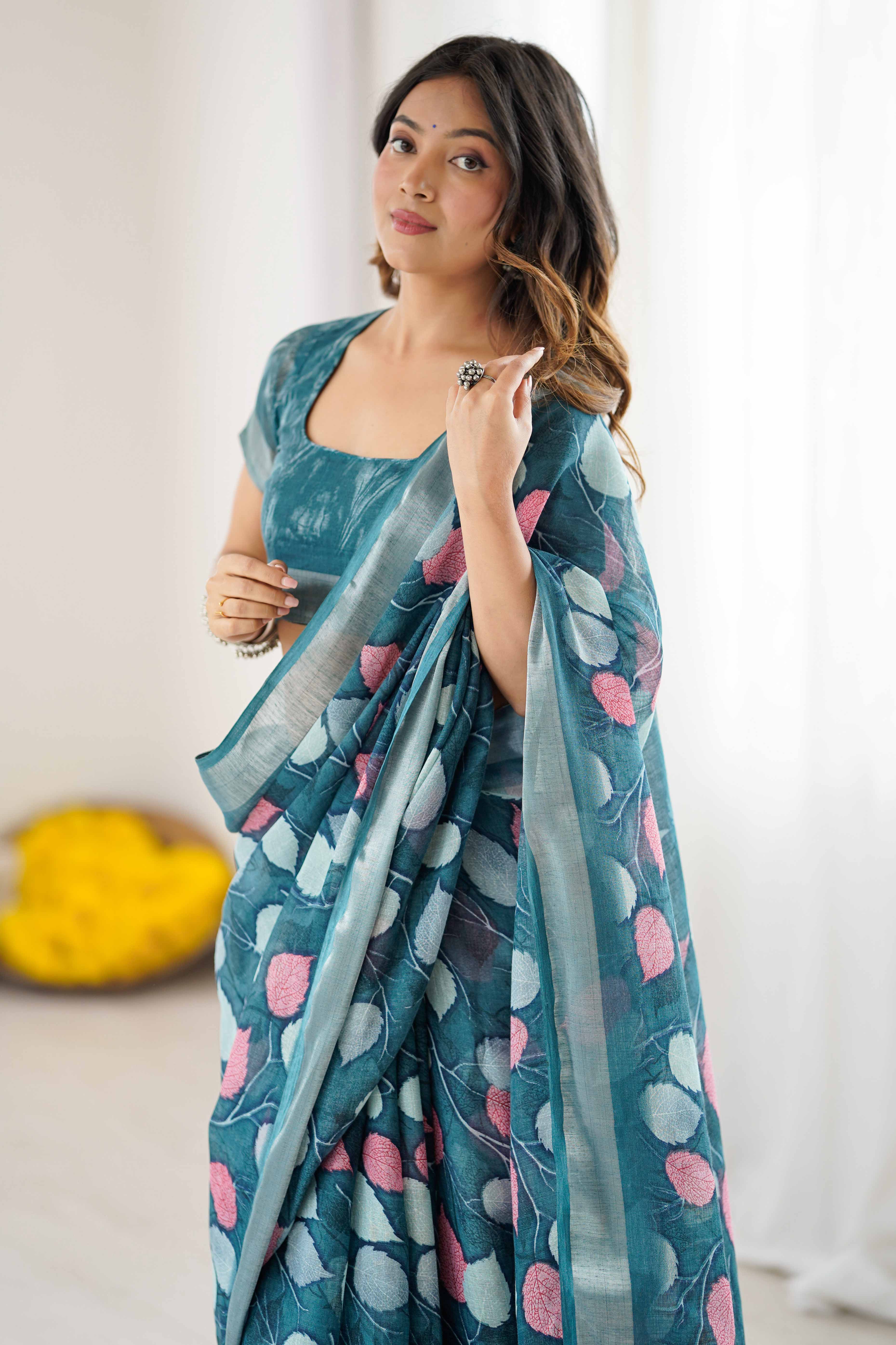 Teal Linen Saree With Graceful All Over Leaf Pattern