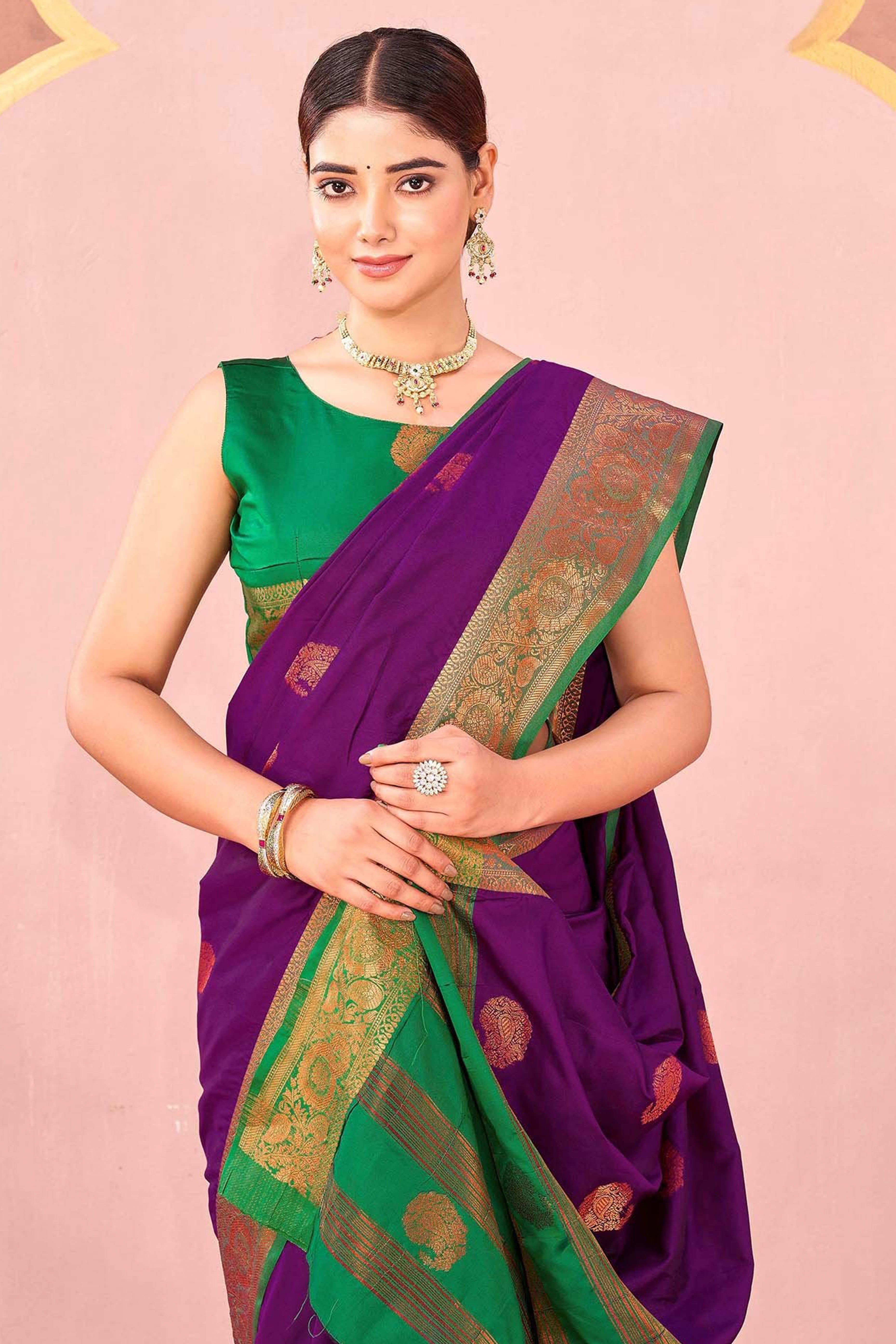 Purple Silk Blend Saree Adorned With Zari Woven Floral & Paisley Design