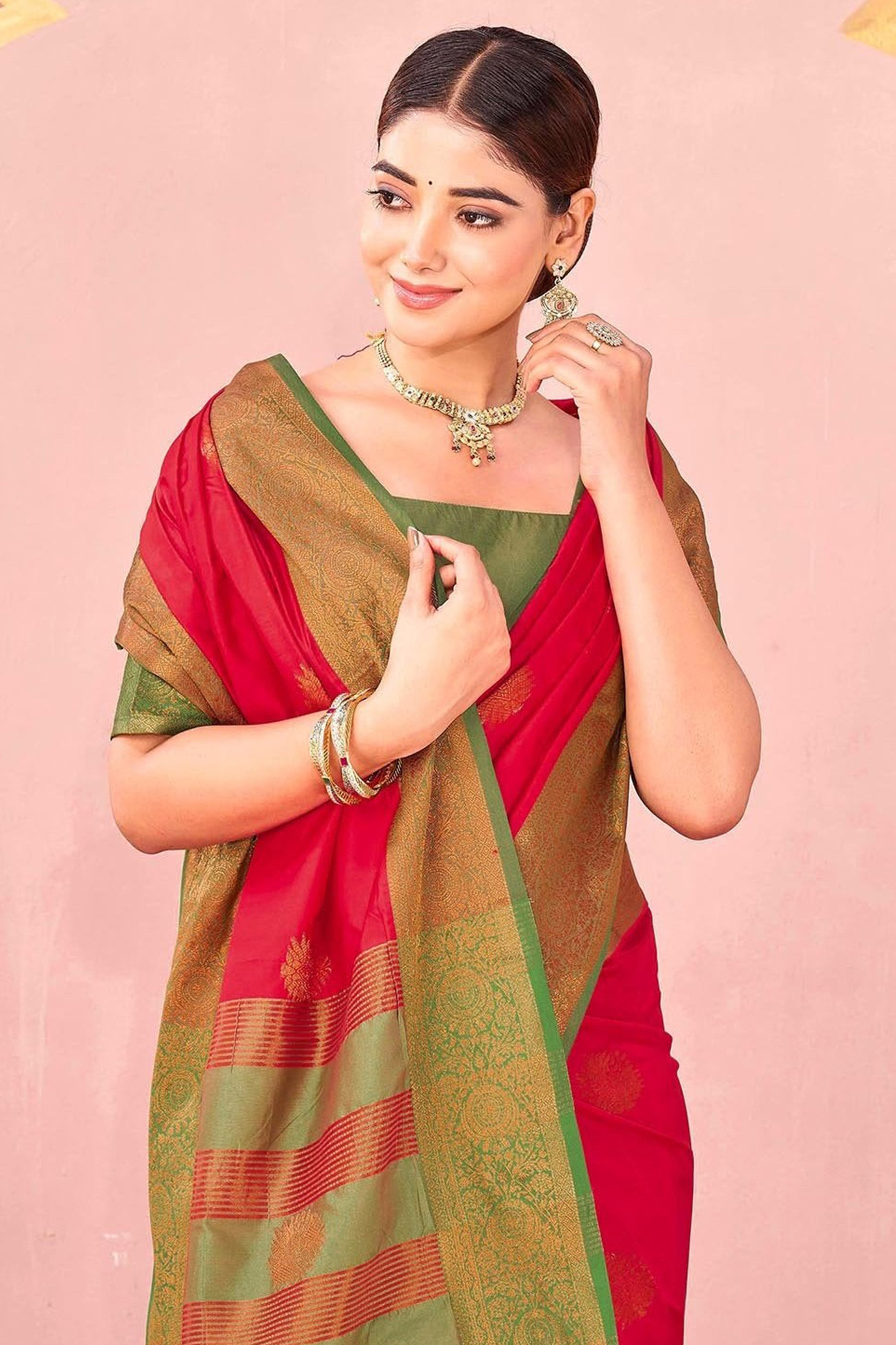 Red Silk Blend Saree Adorned With Zari Woven Floral & Paisley Design