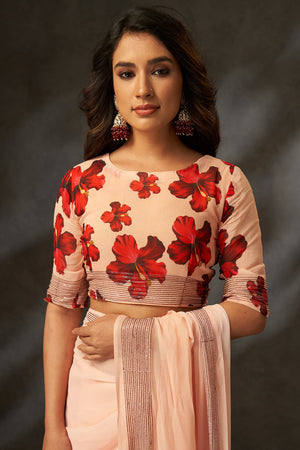 Graceful Peach Floral Digital Print Saree in Georgette With Artistic Crochet Border Work