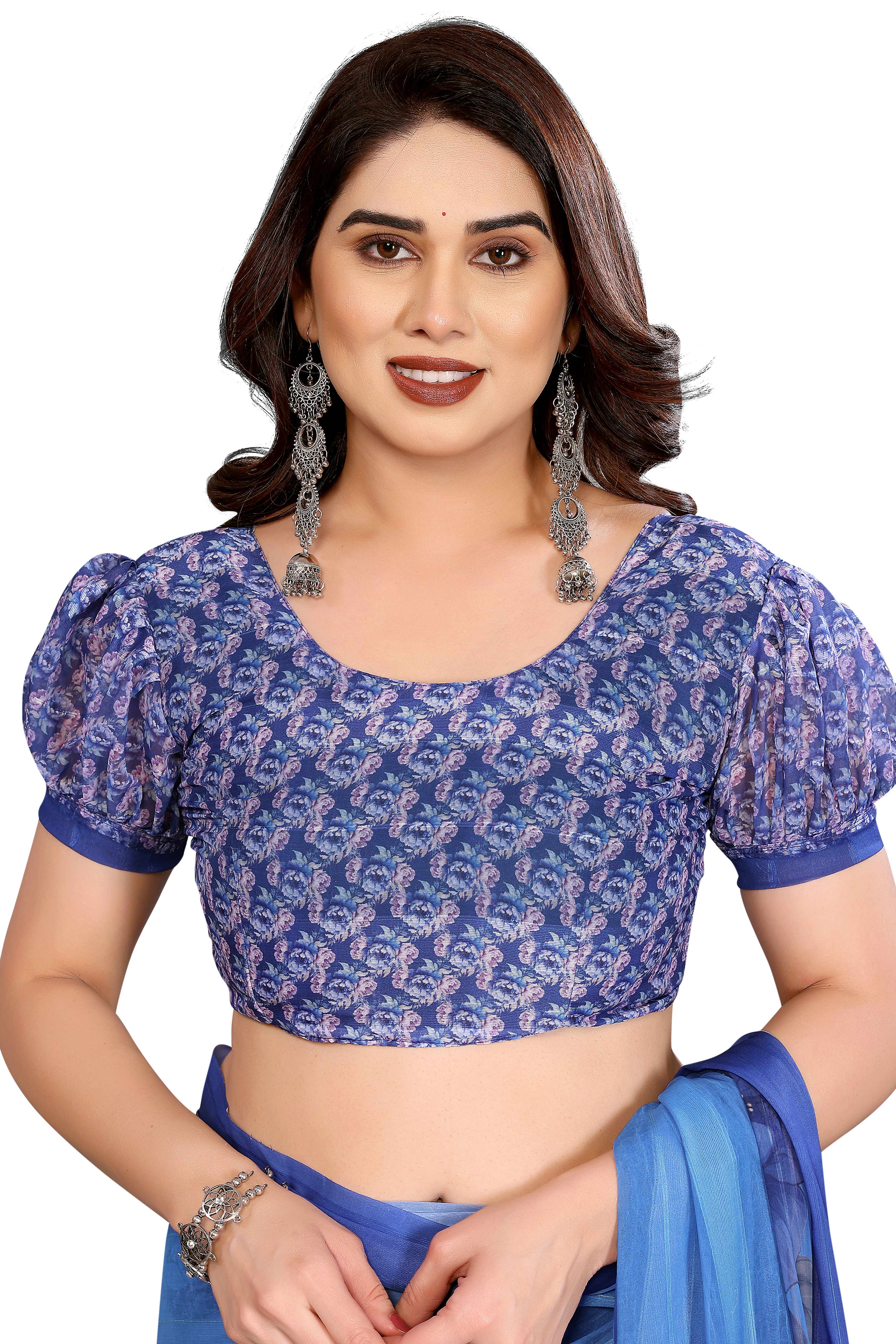 Graceful Blue Floral Digital Print Georgette Saree Featuring Zari Work & Vibrant Striped