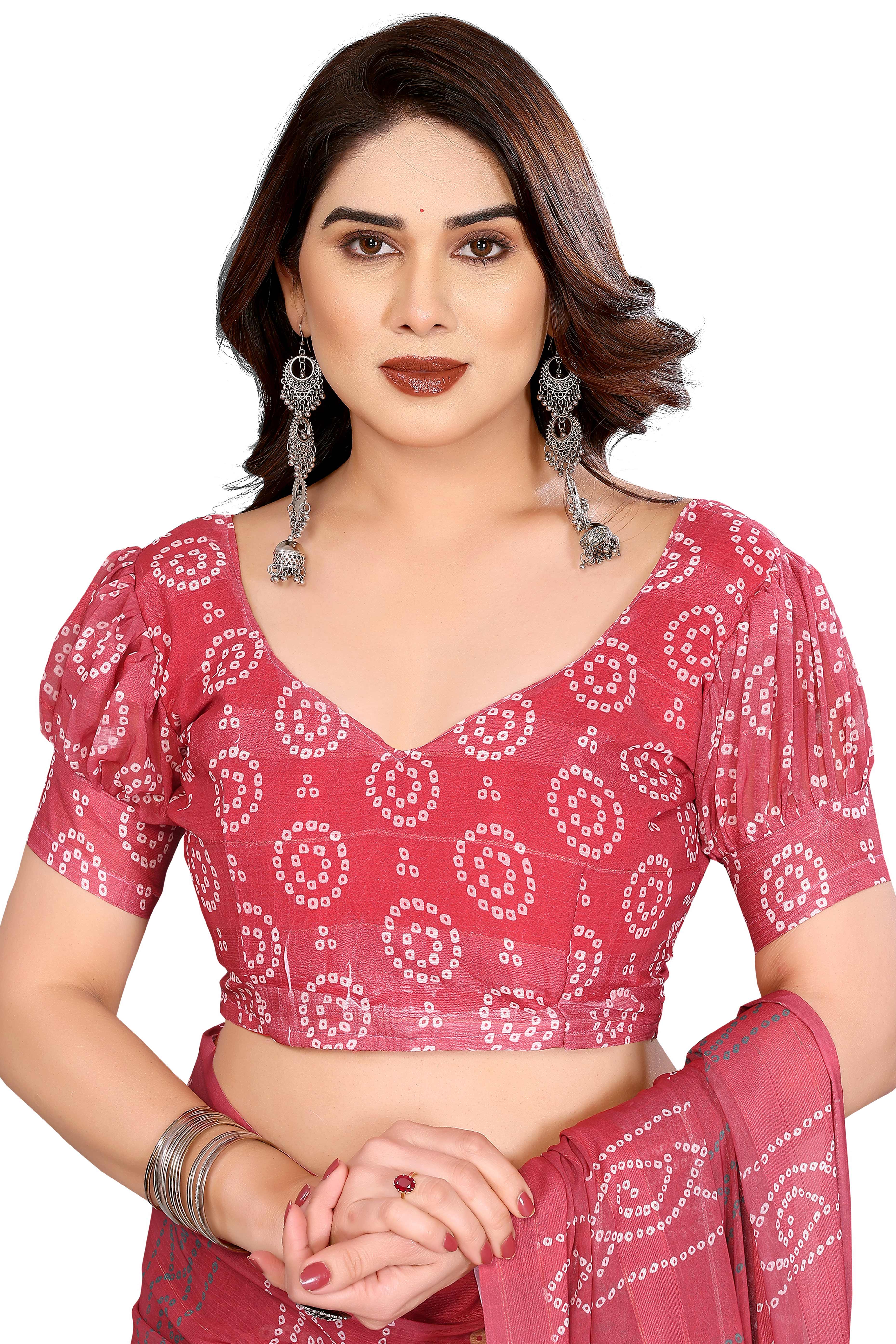 Graceful Maroon Bandhani Digital Print Georgette Saree Featuring Zari Work & Vibrant Striped